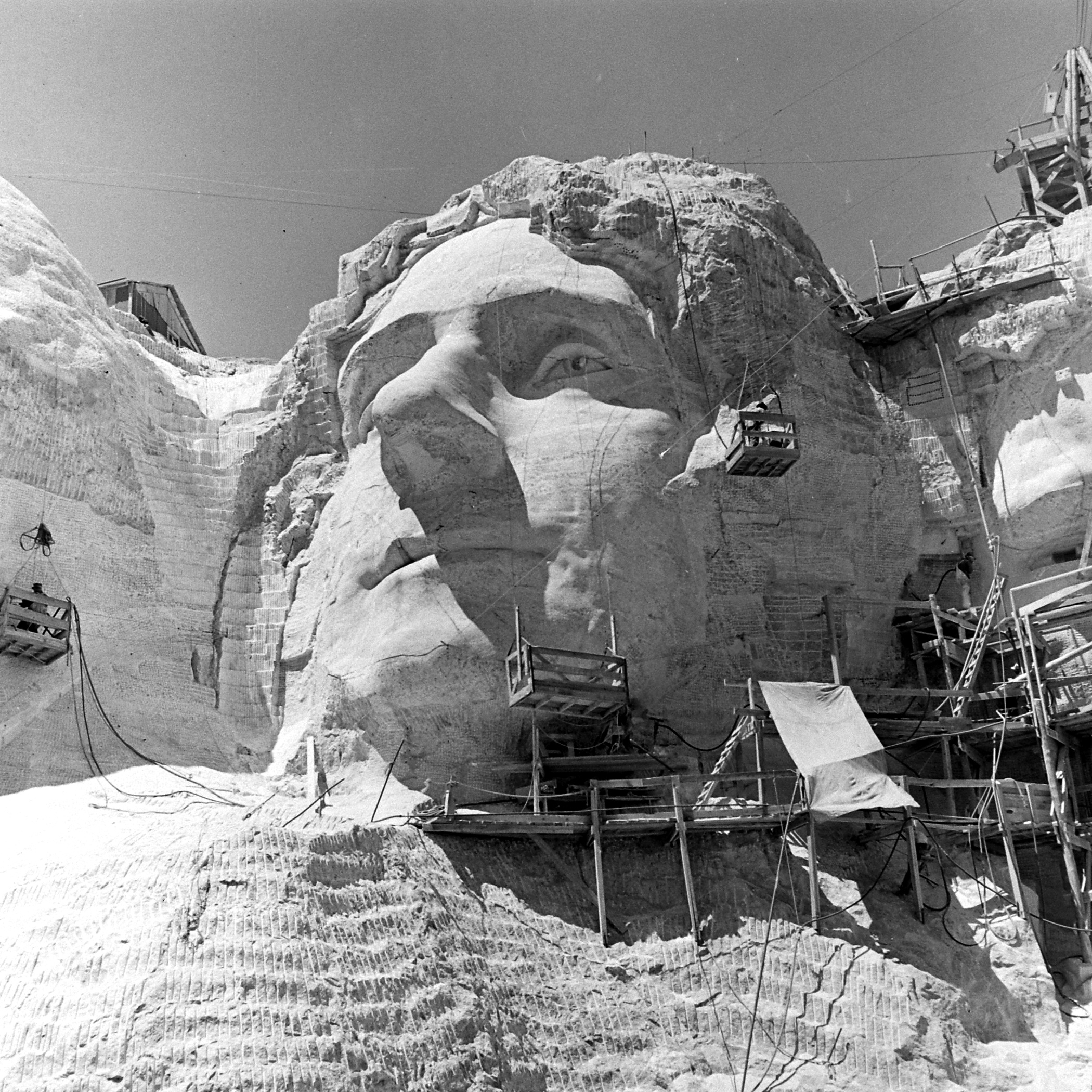 Construction of Thomas Jefferson section of Mt. Rushmore Monument, circa 1941.