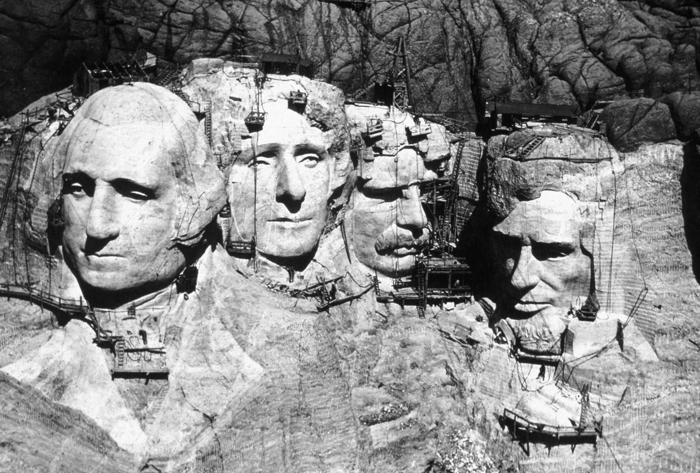 The memorial at Mount Rushmore under construction circa 1941.