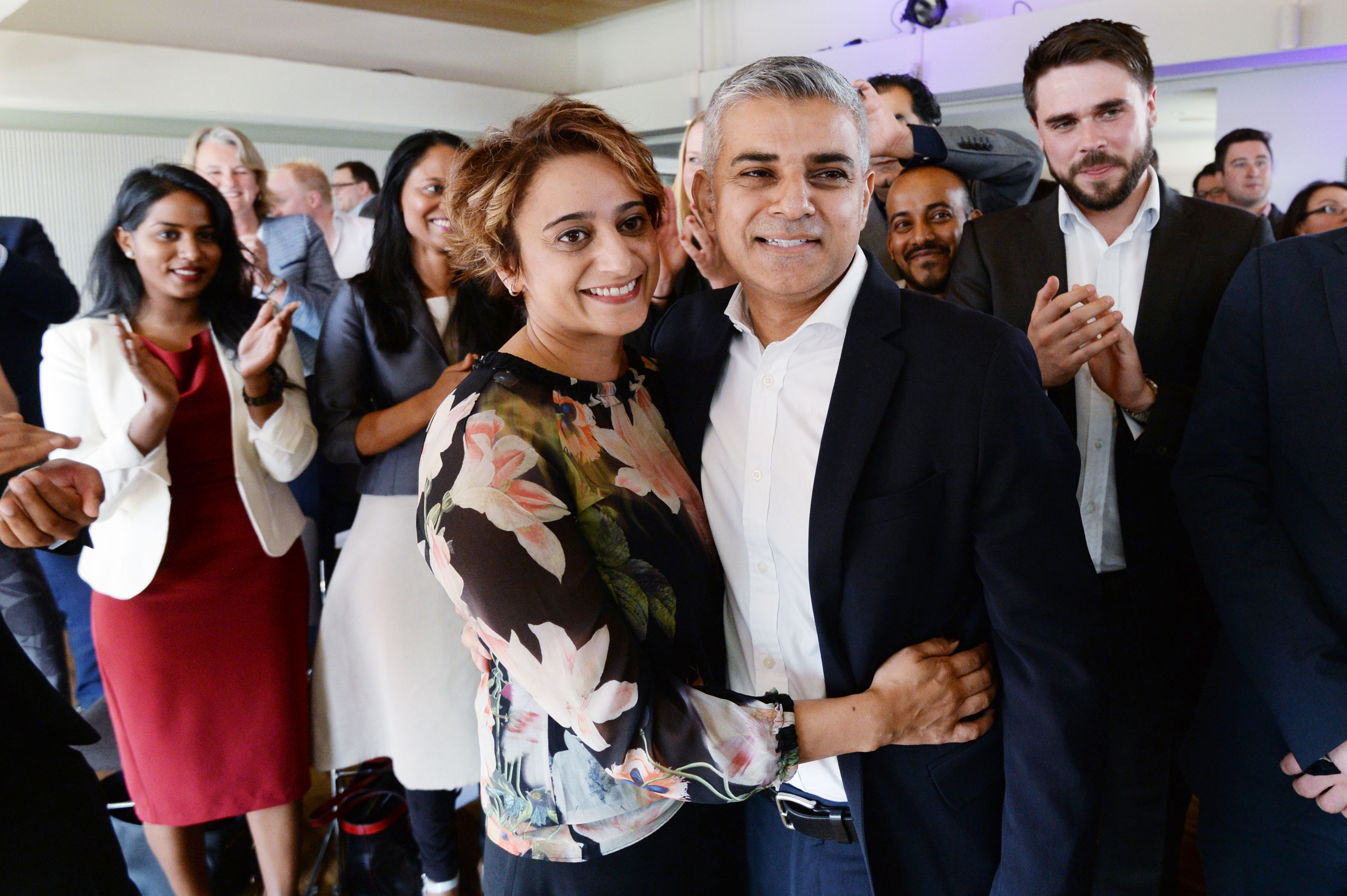Sadiq Khan MP is congratulated by his wife Saadiya after it was announced that he has been chosen as the Labour candidate to run for London mayor in 2016. (file photo) (Stefan Rousseau—PA Wire/PA Images)