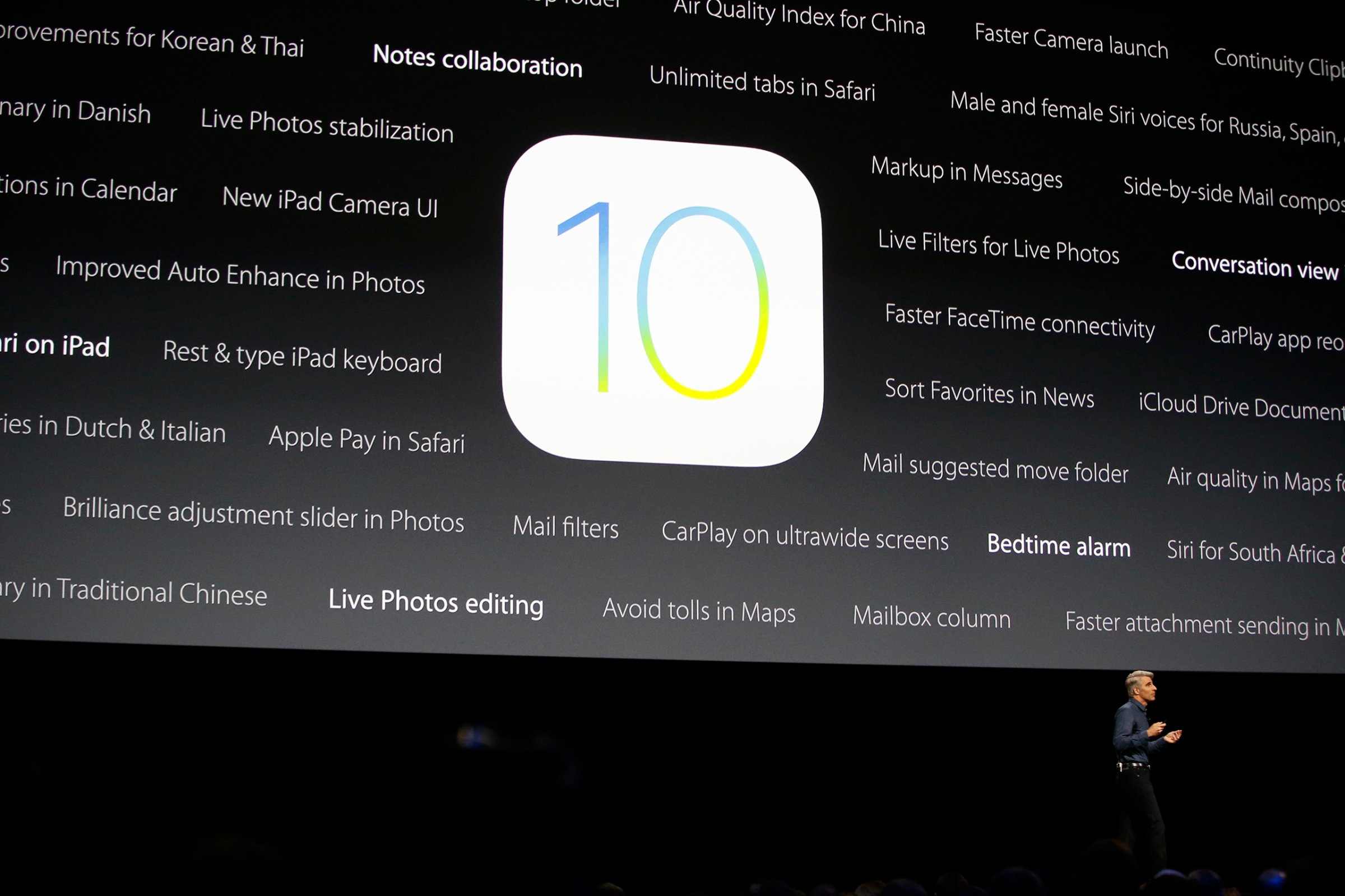 Craig Federighi, Apple senior vice president of software engineering, speaks about the new iOS 10 at the Apple Worldwide Developers Conference in the Bill Graham Civic Auditorium in San Francisco, June 13, 2016.