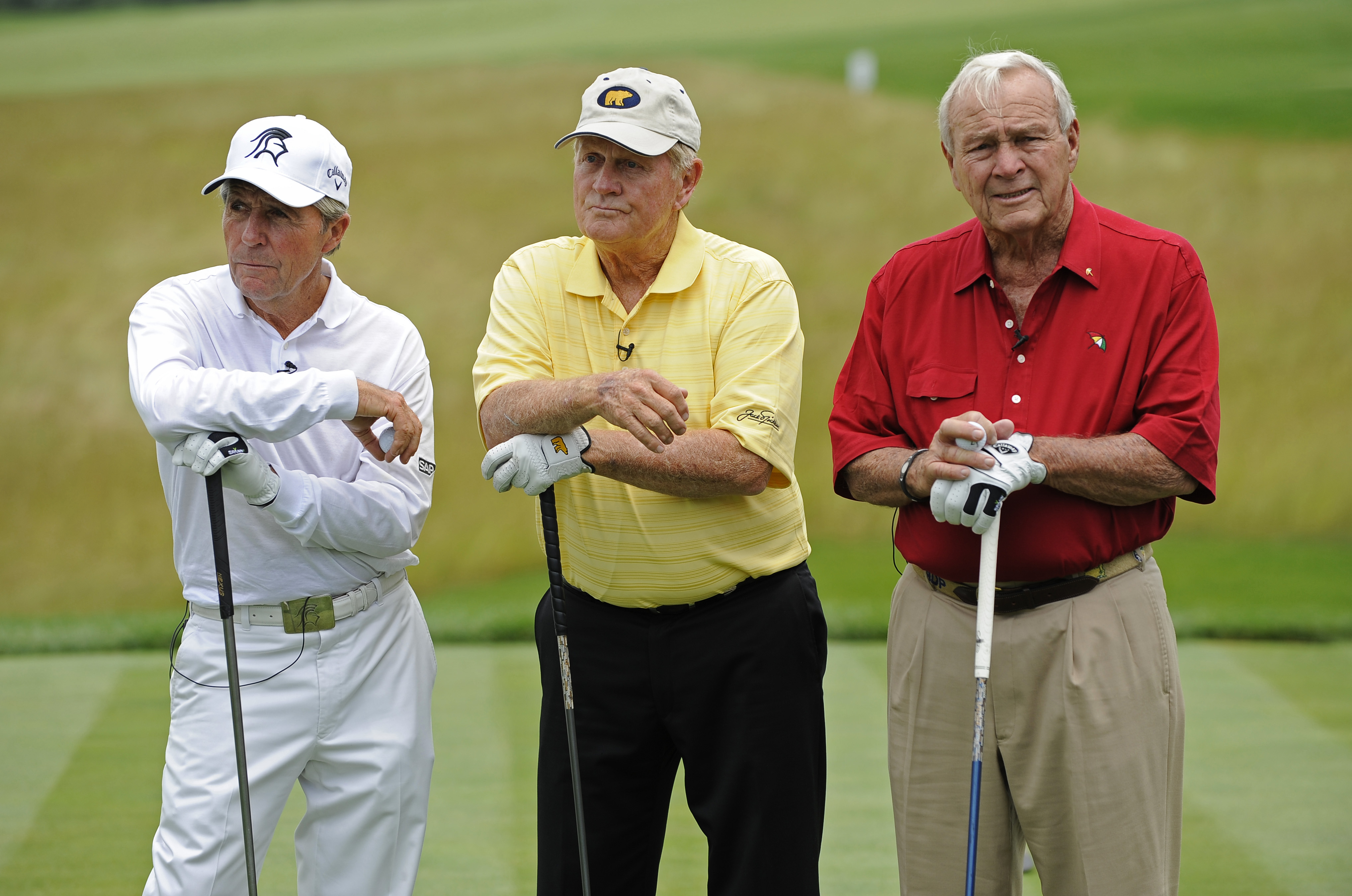 Gary Player of South Africa, Jack Nicklaus and Arnold Palmer at The Big Three fund-raiser for the Mountain Mission Kids at the Olde Farm Golf Club on June 8, 2010 in Bristol, Va.