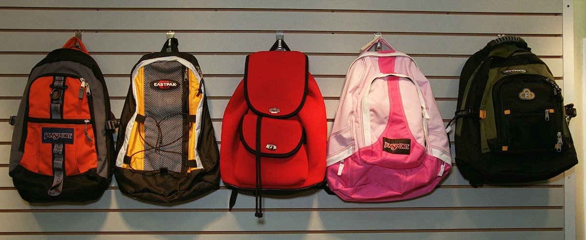 Backpacks photographed at the Boston University Bookstore in 2001 (Boston Globe / Getty Images)