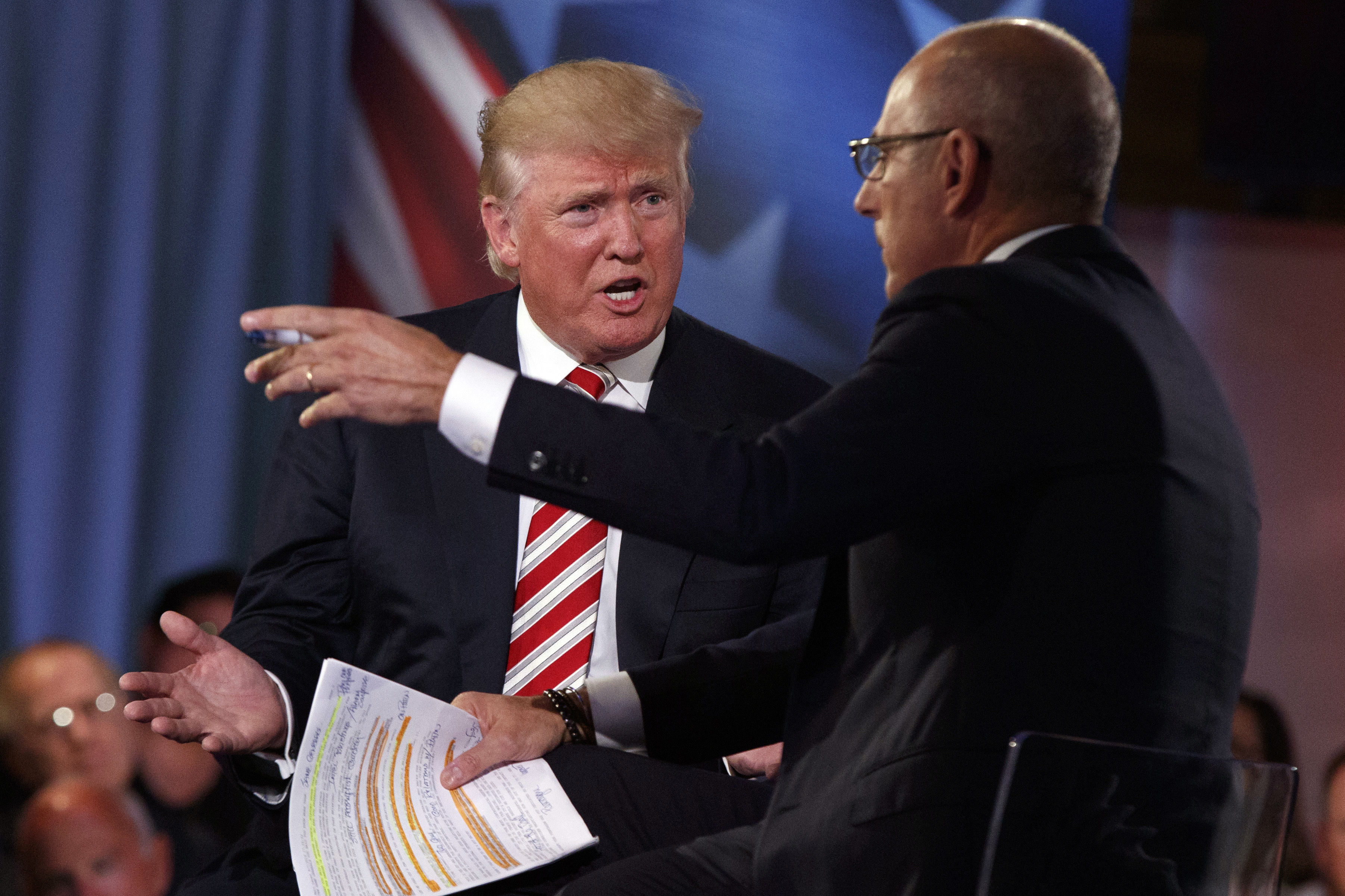 Republican presidential candidate Donald Trump speaks with <i>Today</i> show co-anchor Matt Lauer at the NBC Commander-In-Chief Forum held at the Intrepid Sea, Air and Space museum aboard the decommissioned aircraft carrier Intrepid, New York, Sept. 7, 2016. (Evan Vucci—AP)