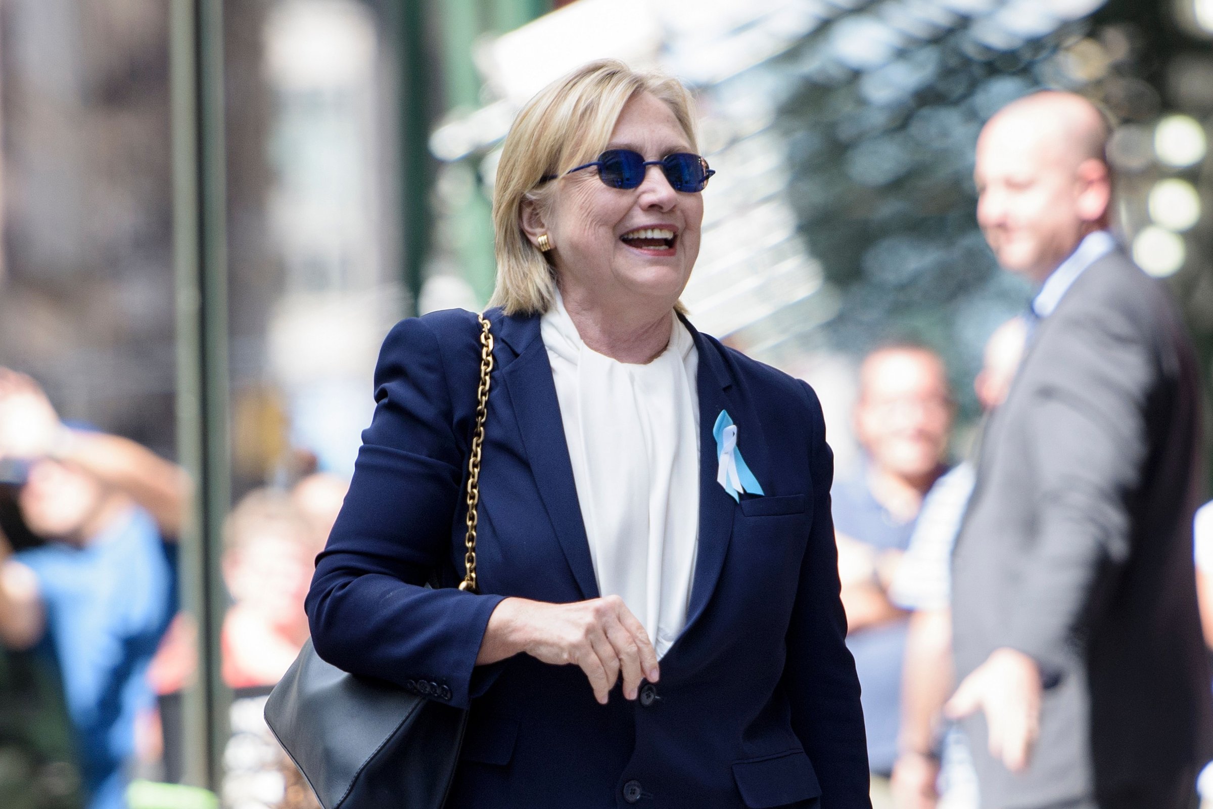 Hillary Clinton leaves her daughter's apartment building after resting on Sept. 11, 2016, in New York.