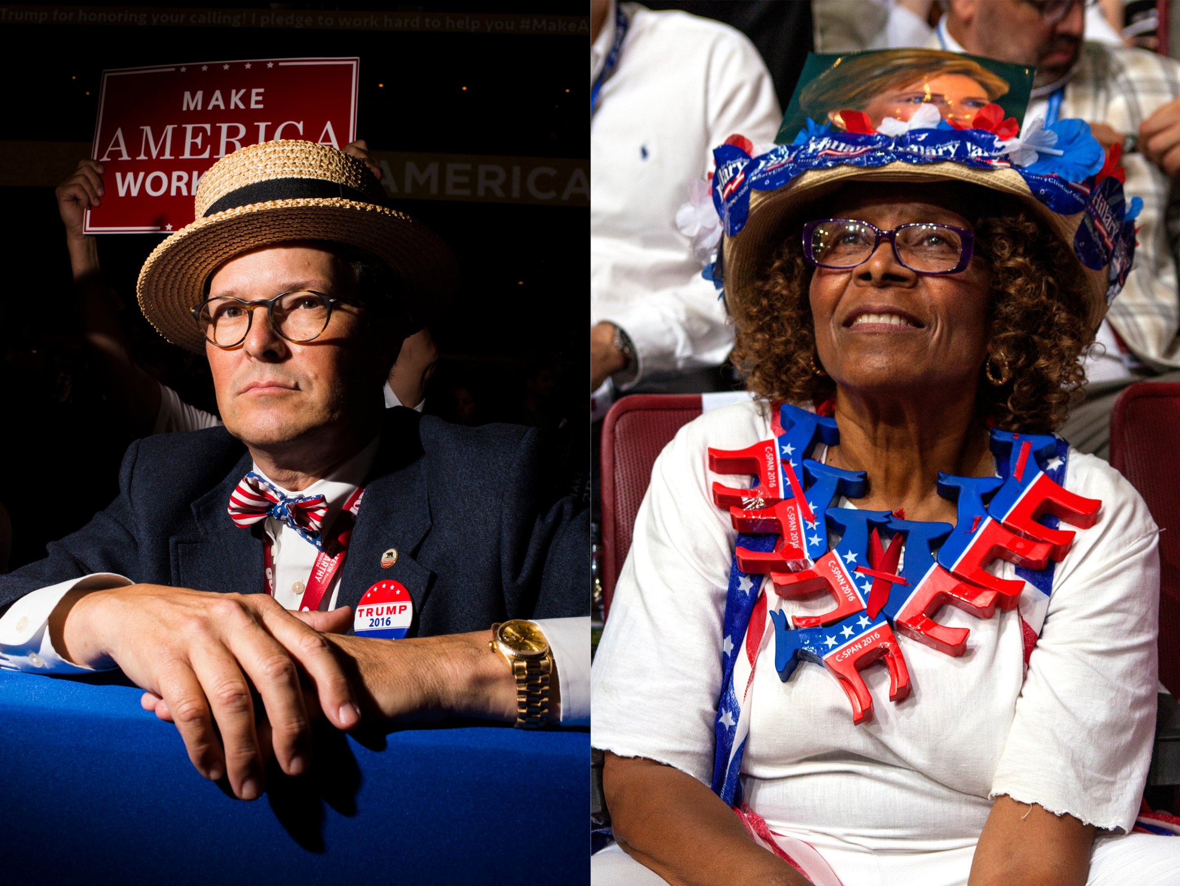A delegate from the Republican National Convention, right, a delegate from the Democratic National Convention, left.