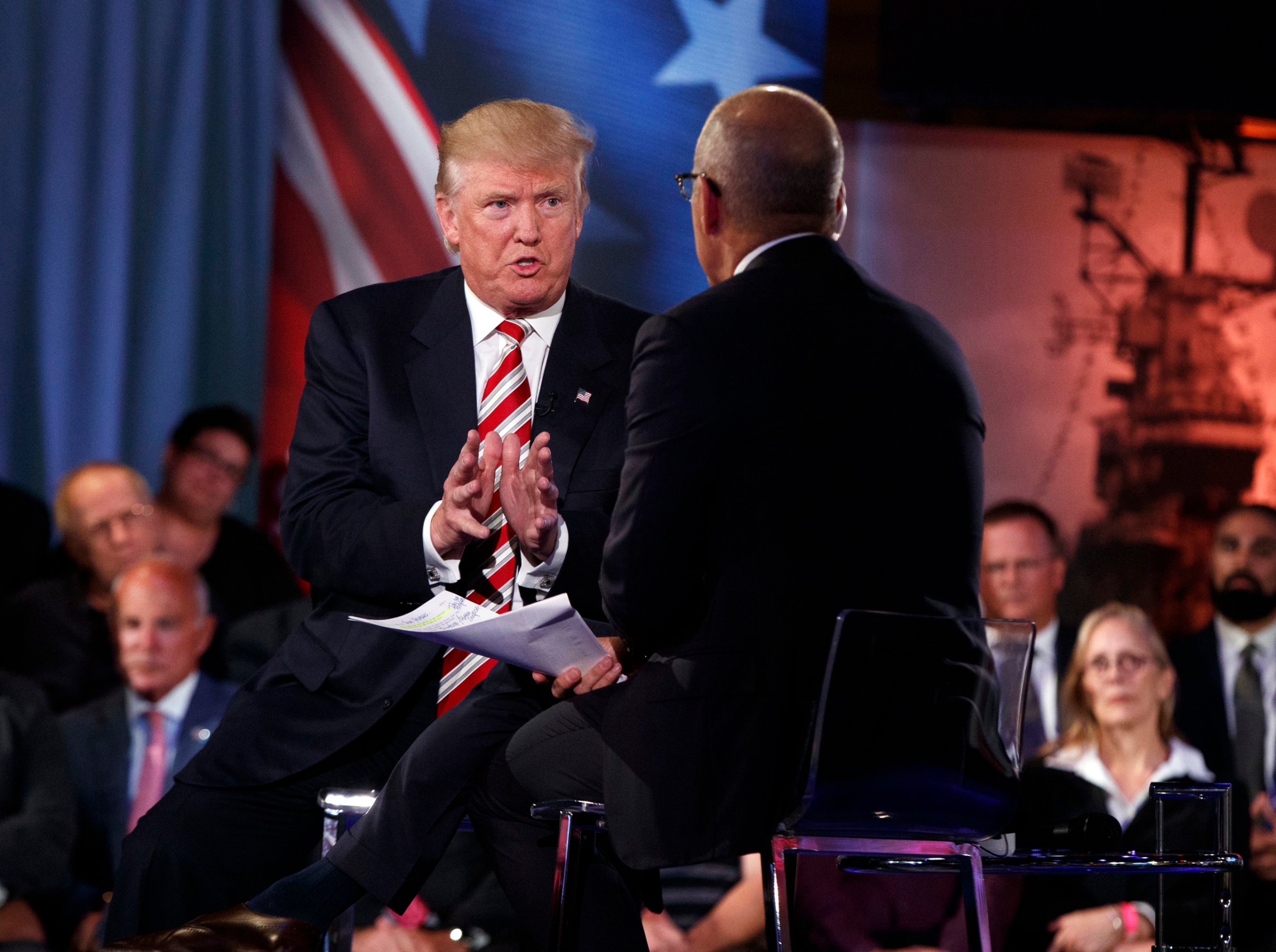 Republican presidential candidate Donald Trump speaks with 'Today' show co-anchor Matt Lauer at the NBC Commander-In-Chief Forum held at the Intrepid Sea, Air and Space museum aboard the decommissioned aircraft carrier Intrepid, New York City on Sept. 7, 2016.