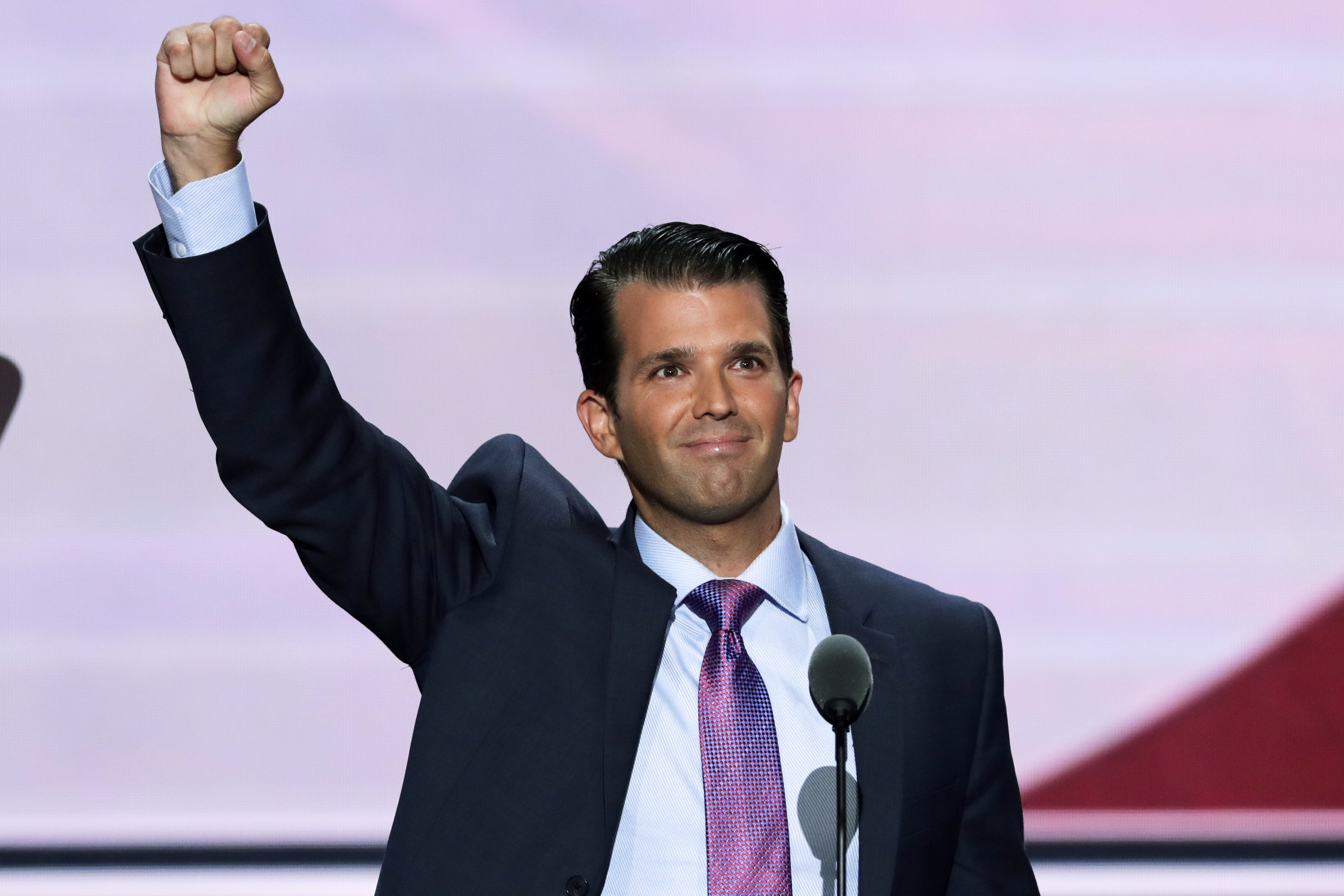 Donald Trump, Jr., son of Republican Presidential Candidate Donald Trump, lifts his fist after speaking during the second day of the Republican National Convention in Cleveland on July 19, 2016. (J. Scott Applewhite—AP)