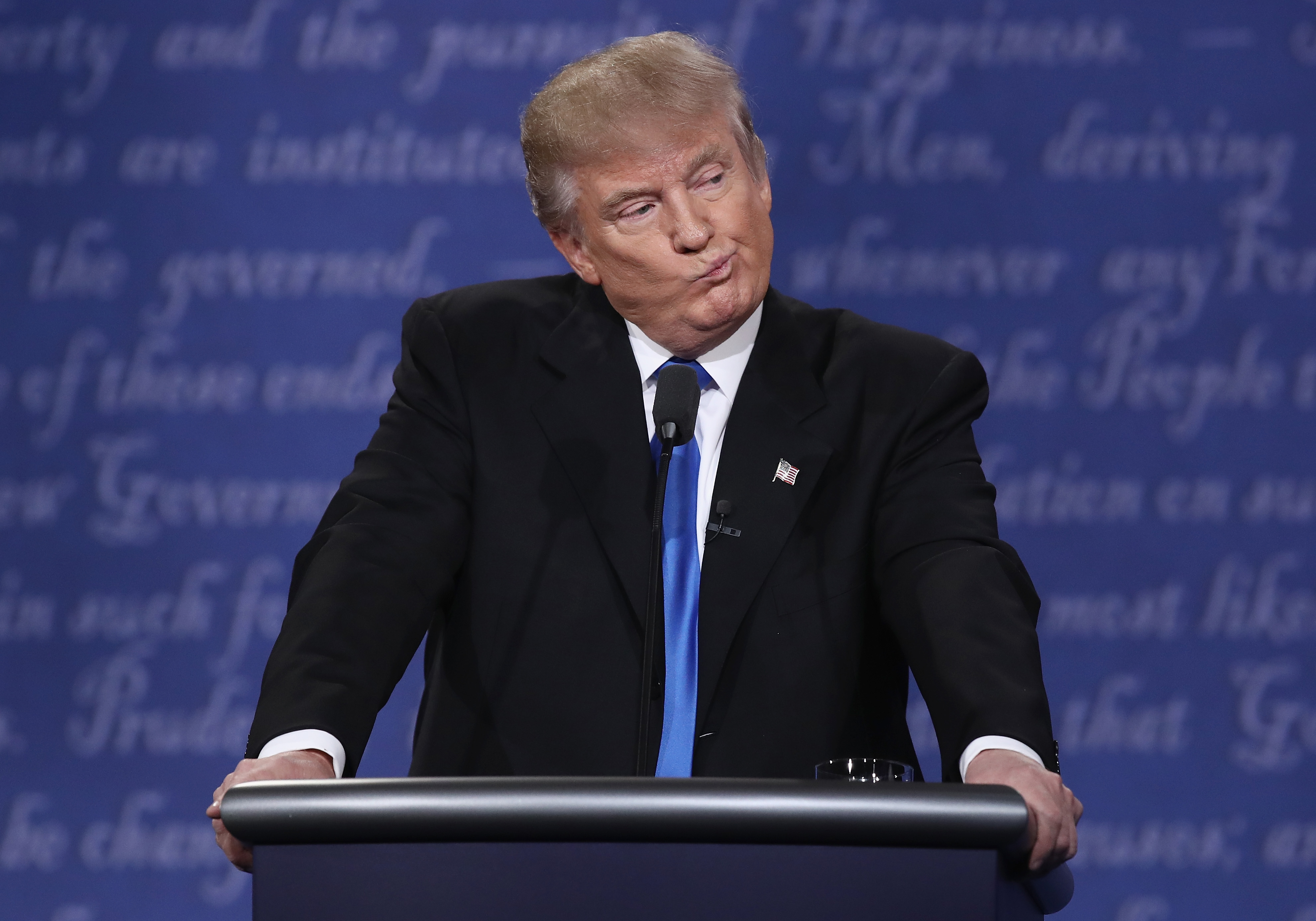 Republican presidential nominee Donald Trump gestures during the Presidential Debate at Hofstra University in Hempstead, N.Y., on Sept. 26, 2016.
