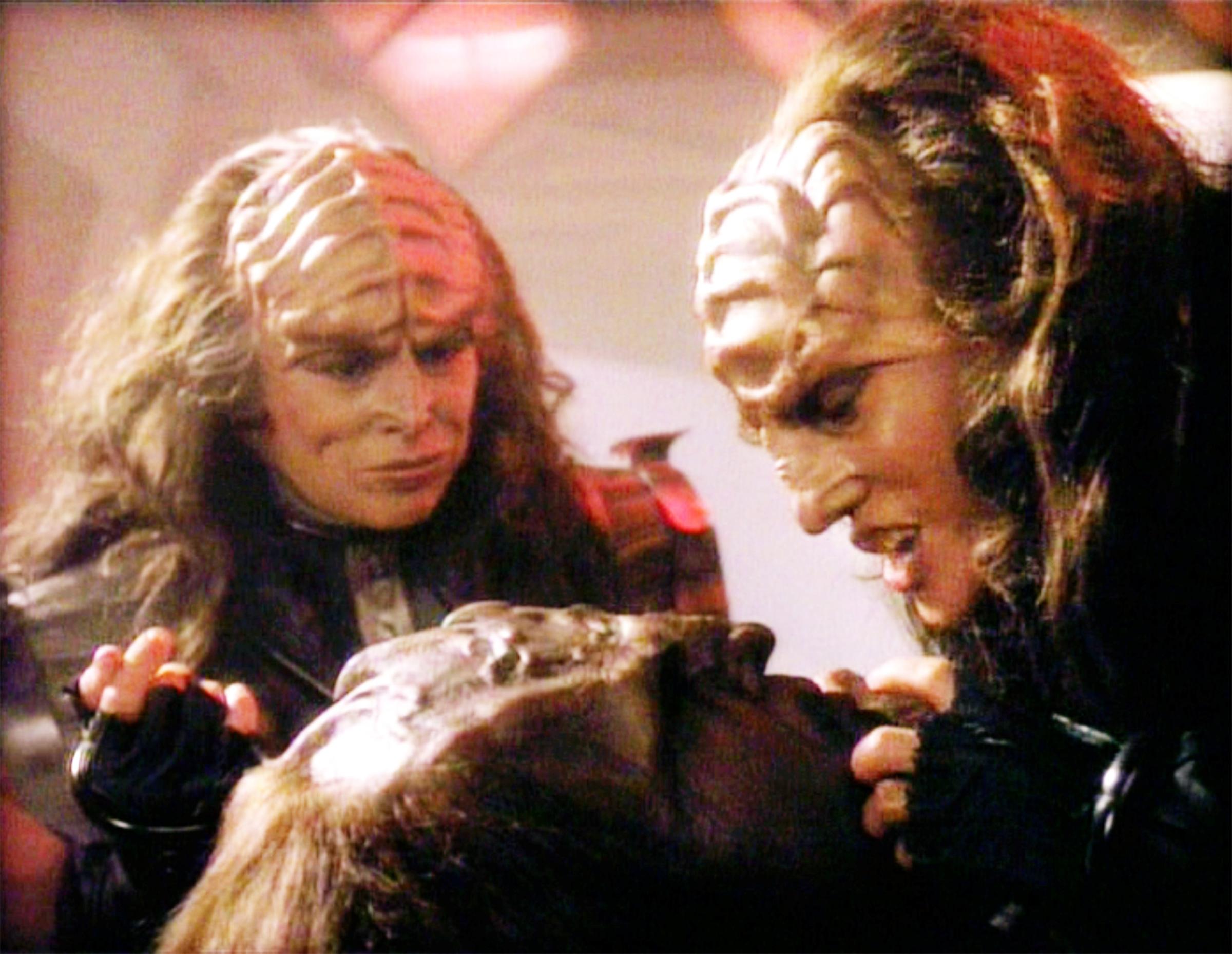 Star Trek: The Next Generation episode, 'Redemption II,' featuring (from left) Barbara March as Lursa and Gwynyth Walsh as B'Etor (the Duras sisters, Klingon). B'Etor faces Worf (played by Michael Dorn). Episode originally broadcast on September 21, 1991.