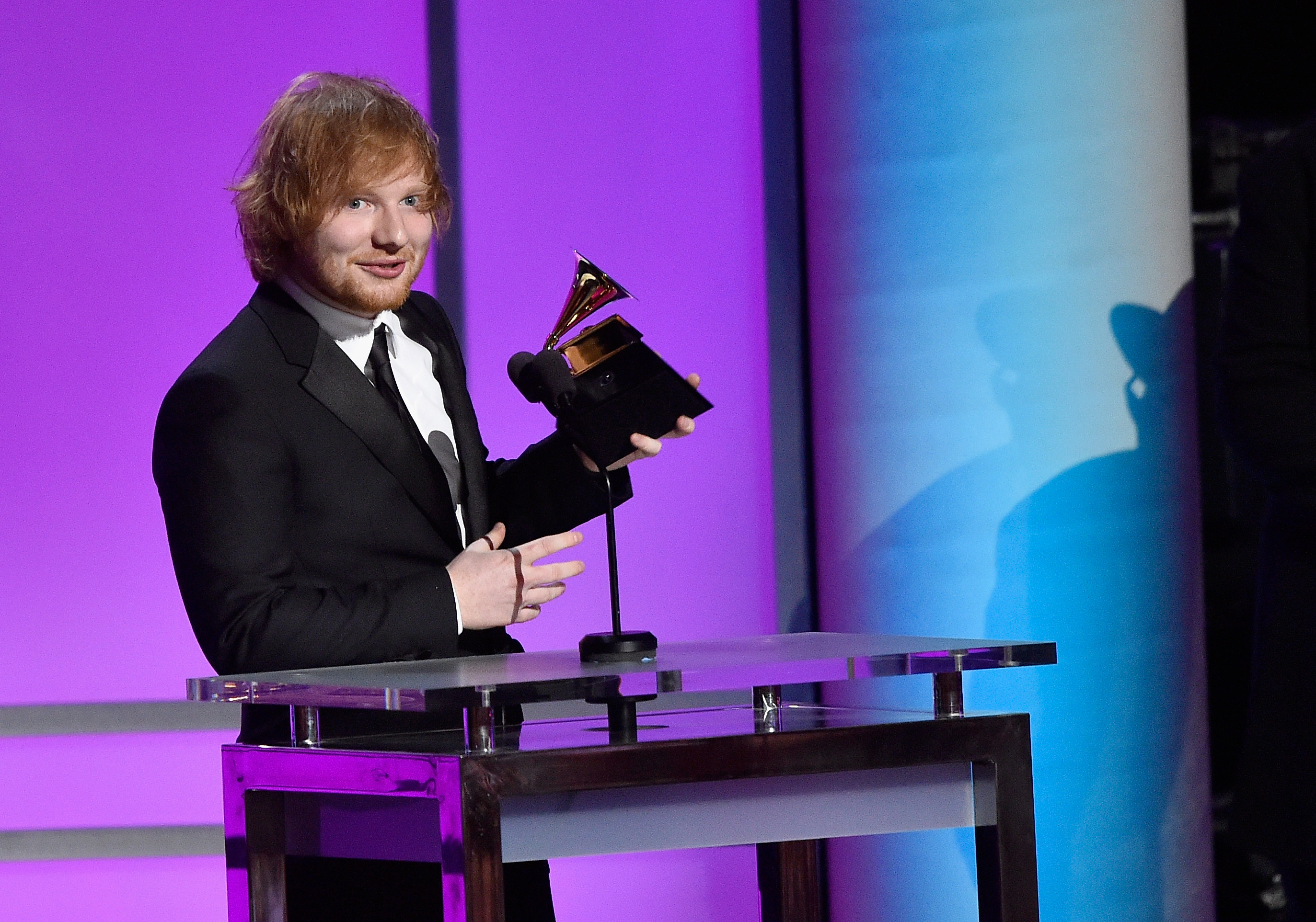 Singer-songwriter Ed Sheeran accepts the Grammy Award for Best Pop Solo Performance, for "Thinking Out Loud," onstage during the GRAMMY Pre-Telecast at The 58th GRAMMY Awards at Microsoft Theater on February 15, 2016 in Los Angeles, California.