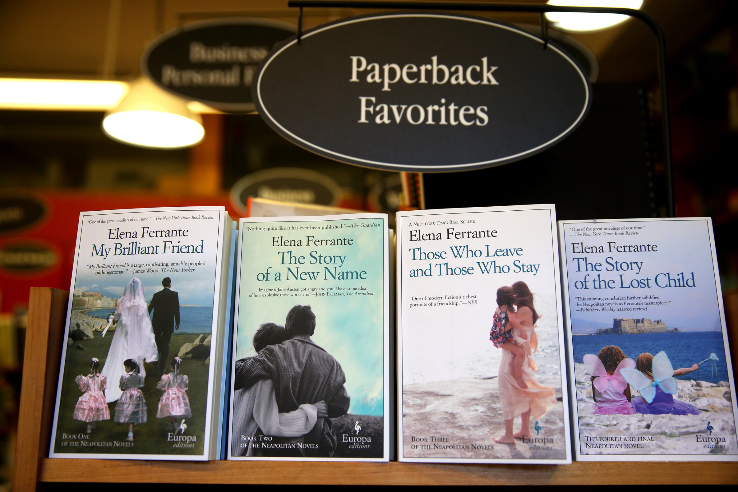 Elena Ferrante books at the Harvard Book Store in Cambridge, Mass., on April 8, 2016.