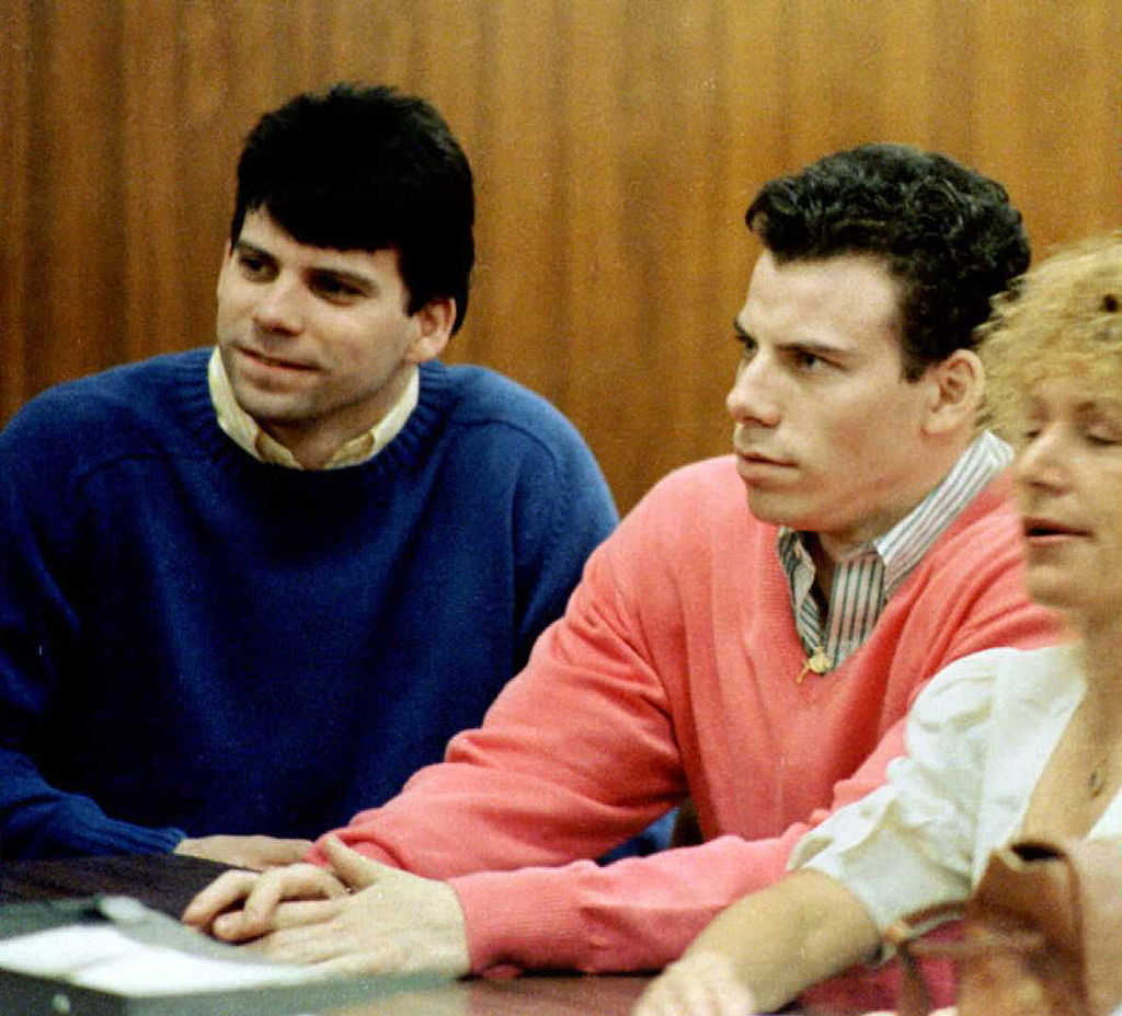 This 1992 file photo shows double murder defendants Erik (R) and Lyle Menendez (L) during a court appearance in Los Angeles, Ca.