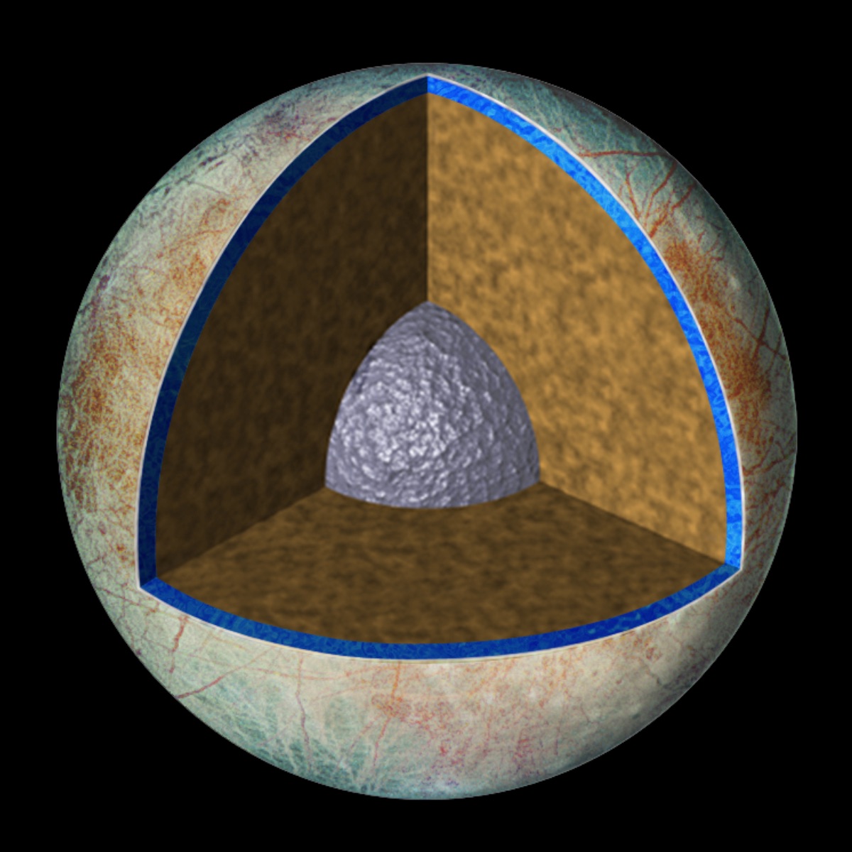 Water World: Artist's rendering of the interior of Europa. Most of the geysers were seen in the southwest. (NASA)