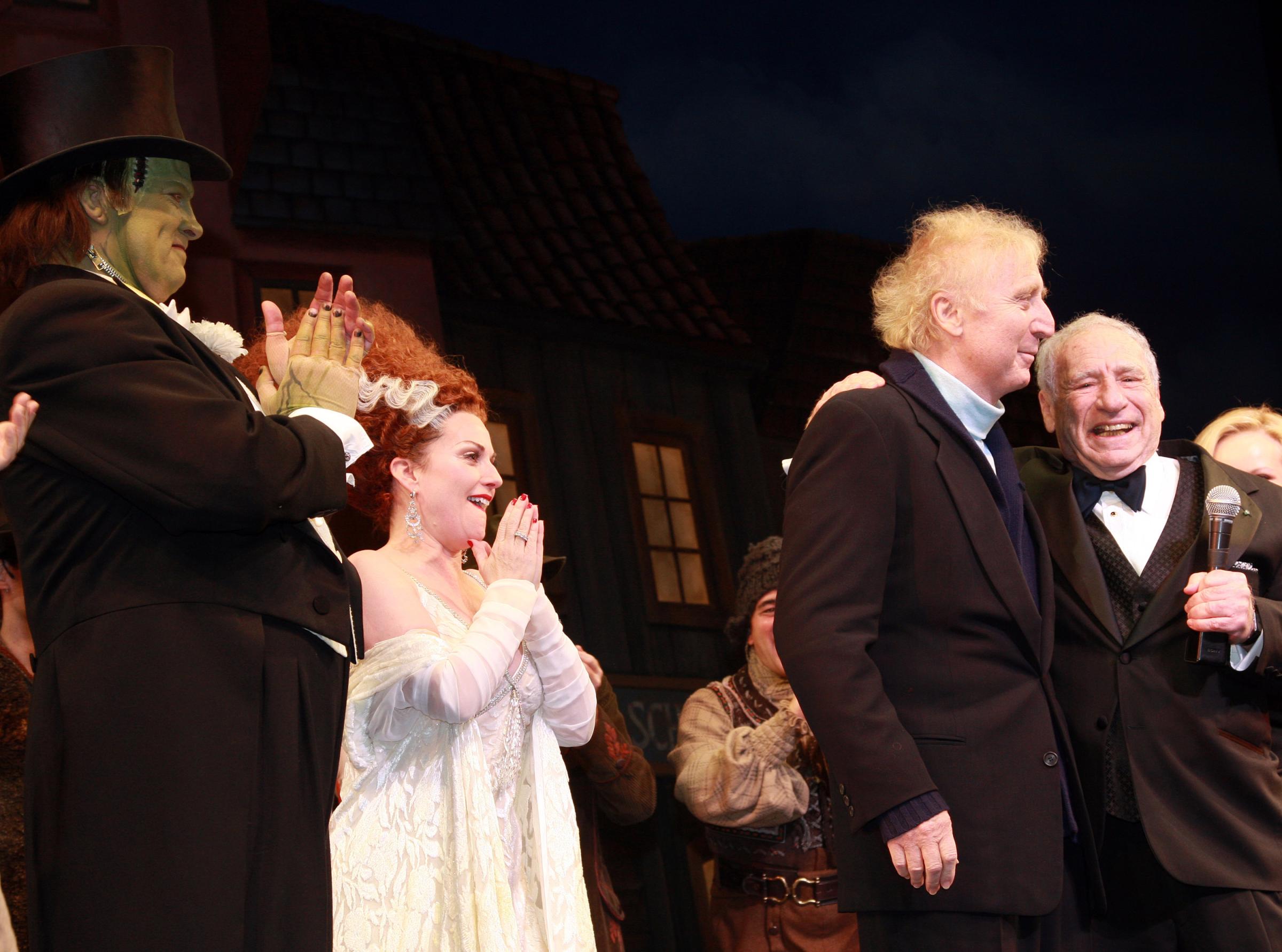 Gene Wilder and Mel Brooks, far right, at the curtain call for Mel Brooks' musical, Young Frankenstein, on Nov. 8, 2007 in New York City.