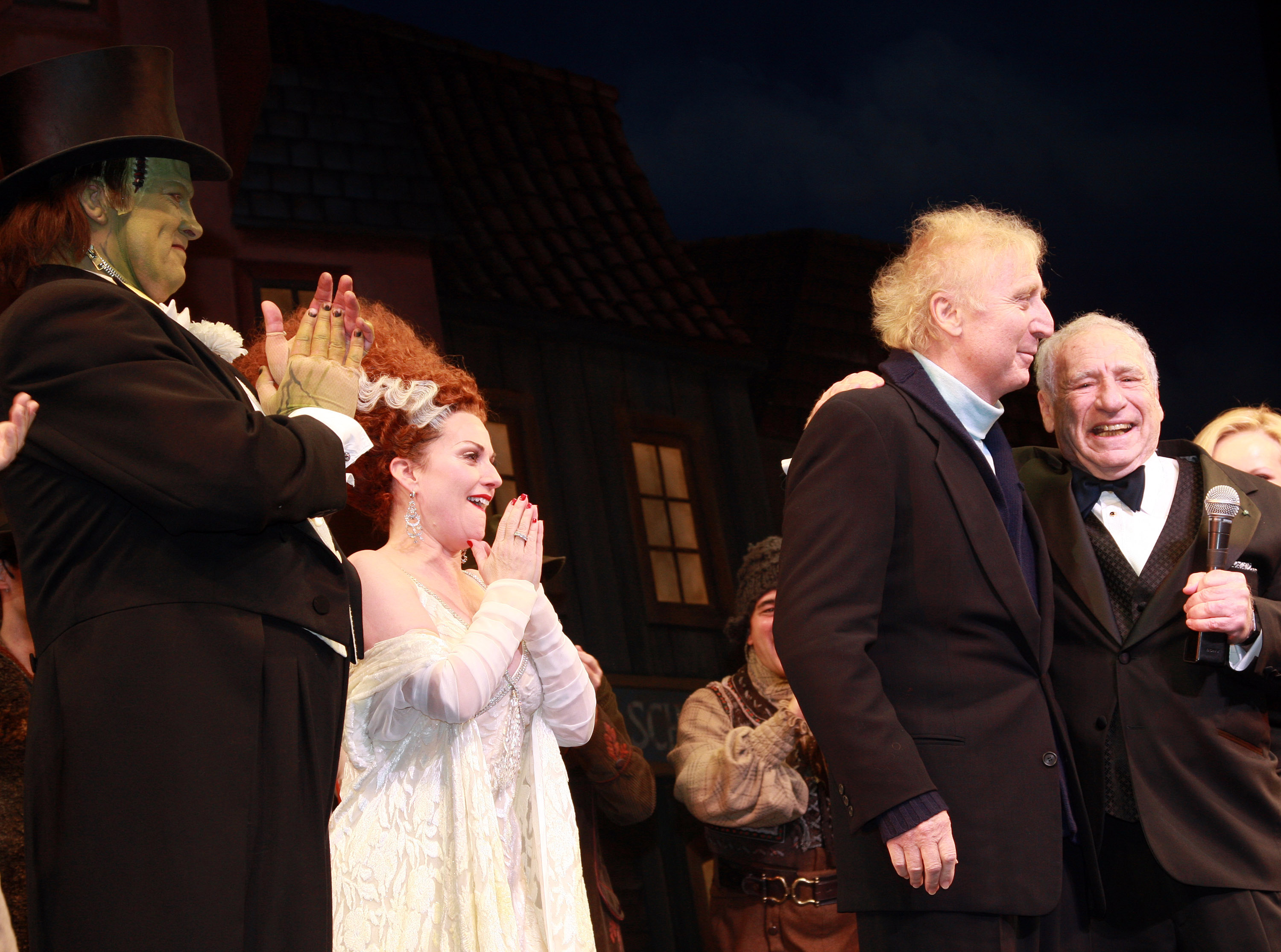 Gene Wilder and Mel Brooks, far right, at the curtain call for Mel Brooks' musical, <i>Young Frankenstein</i>, on Nov. 8, 2007 in New York City. (Bruce Glikas—Getty Images)