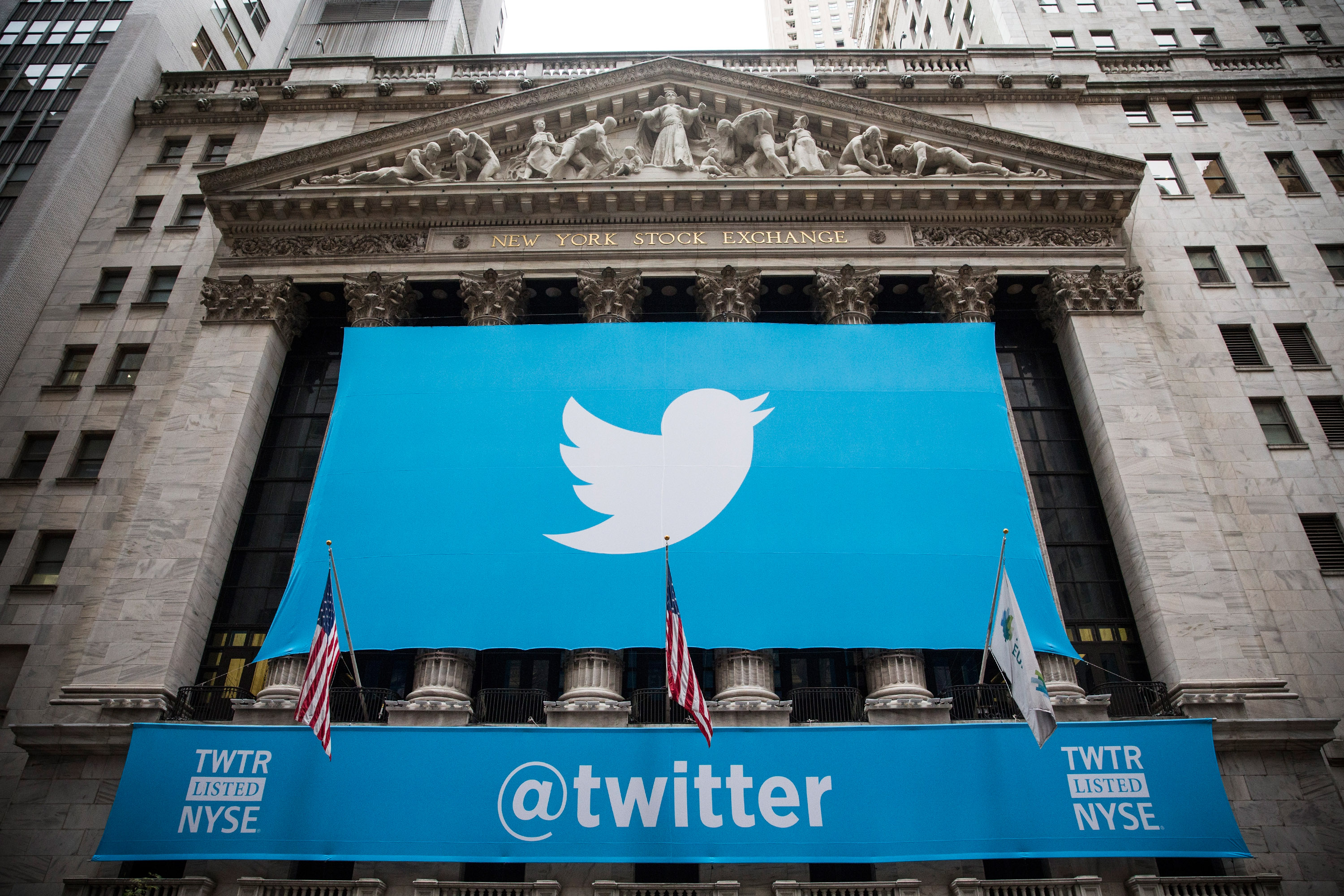 The Twitter logo is displayed on a banner outside the New York Stock Exchange (NYSE) on November 7, 2013 in New York City. (Andrew Burton—Getty Images)