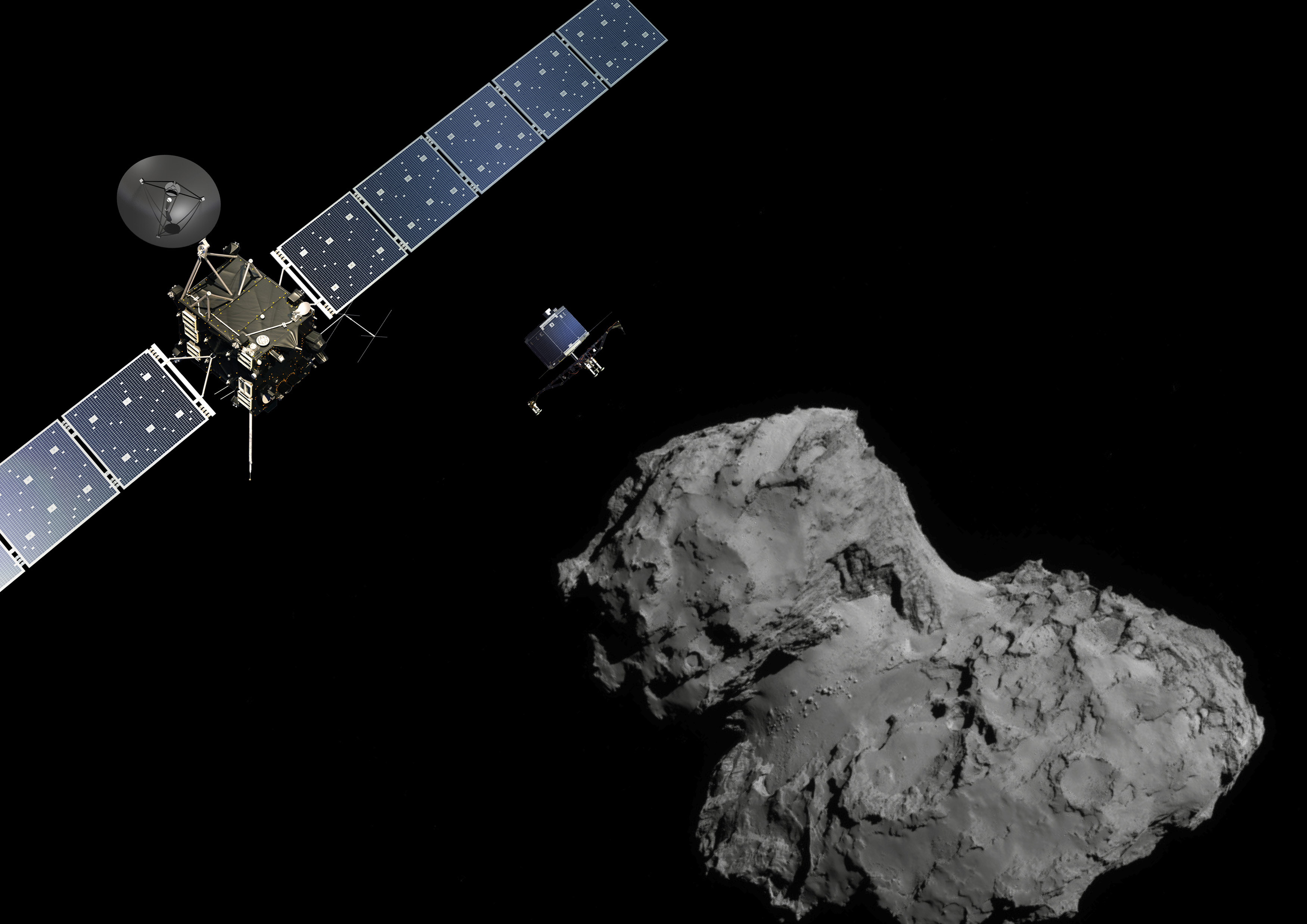 The Rosetta probe (L) and Philae lander are pictured above the 67P/Churyumov-Gerasimenko comet, November 10, 2014 (ESA / Getty Images)