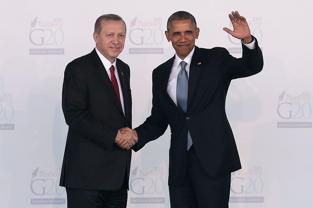 ANTALYA, TURKEY - NOVEMBER 15: Turkish President Recep Tayyip Erdogan, greets U.S President, Barack Obama during the official welcome ceremony on day one of the G20 Turkey Leaders Summit on November 15, 2015 in Antalya, Turkey. World leaders will use the summit to discuss issues including, climate change, the global economy, the refugee crisis and terrorism. The two day summit takes place in the wake of the massive terrorist attack in Paris which killed more than 120 people.  (Photo by Chris McGrath/Getty Images) (Chris McGrath&mdash;Getty Images)