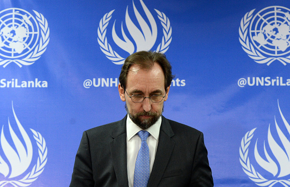 United Nations High Commissioner for Human Rights Zeid Ra'ad Al Hussein leaves after addressing a press conference in Colombo on February 9, 2016.