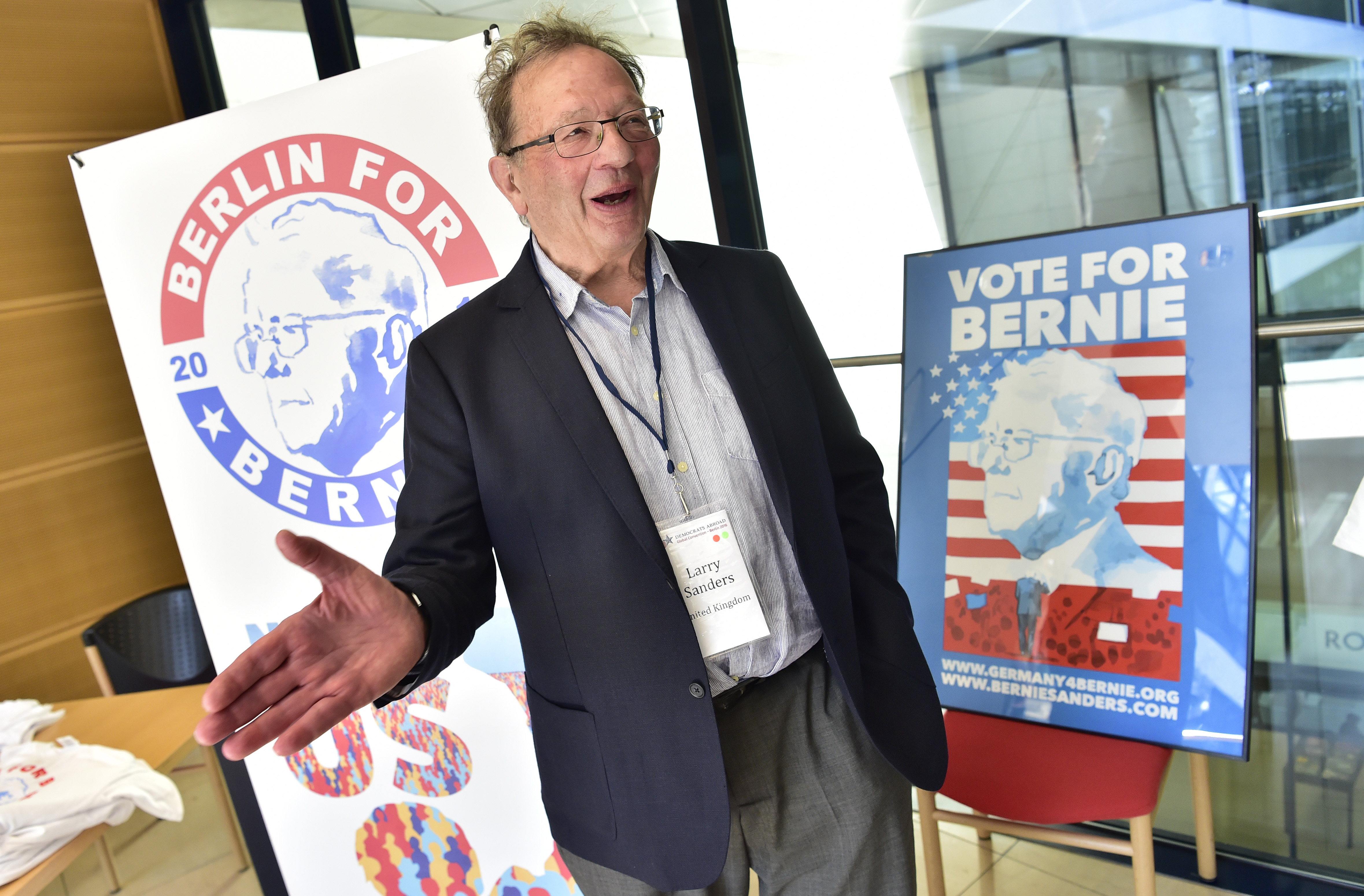 File photo of Larry Sanders, the older brother of Bernie Sanders, speaking to reporters during the Democrats Abroad global convention in Berlin on May 12, 2016 (JOHN MACDOUGALL—AFP/Getty Images)