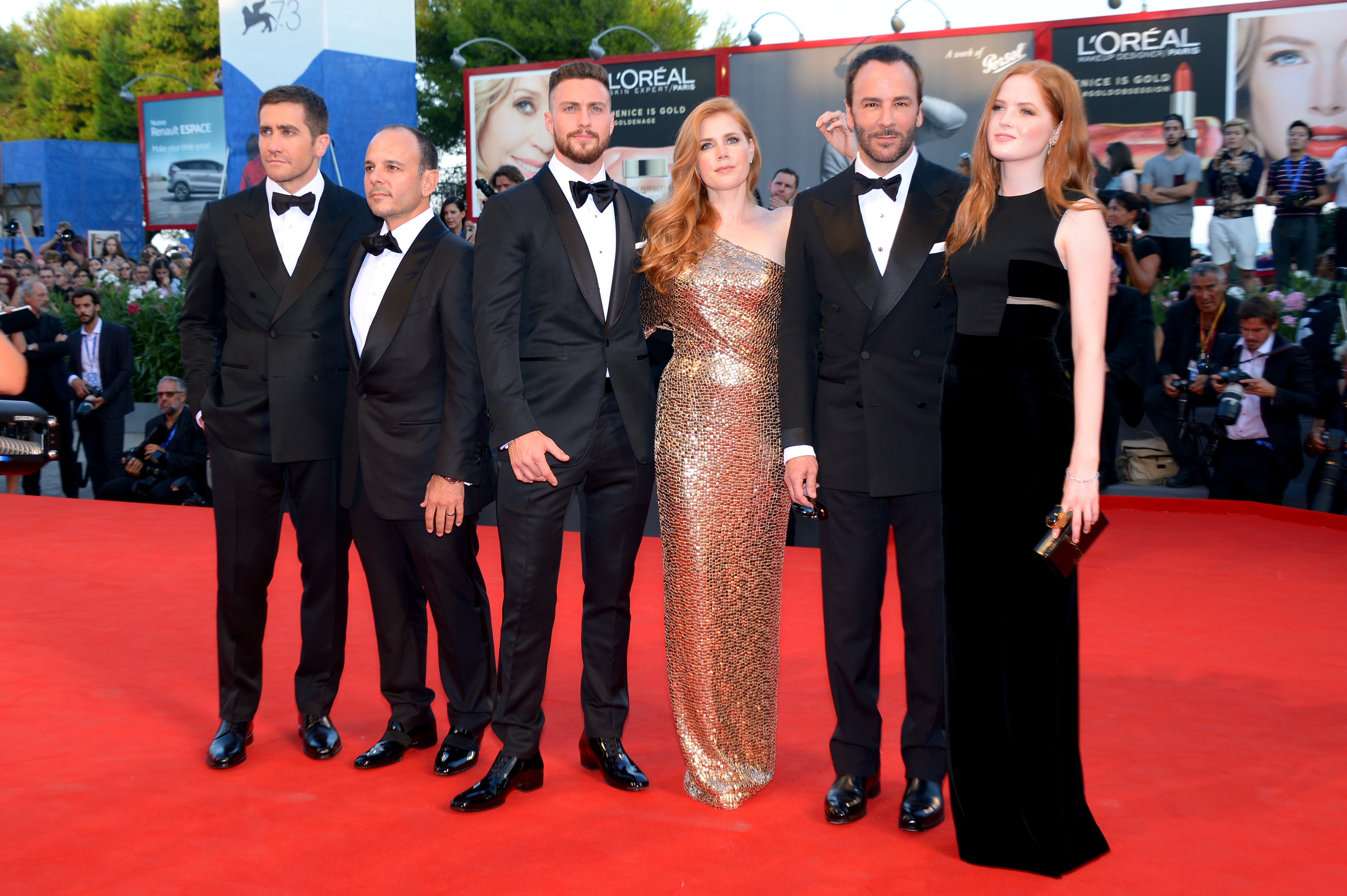 VENICE, ITALY - SEPTEMBER 02:  Jake Gyllenhaal, Robert Salerno, Aaron Taylor Johnson, Amy Adams, Tom Ford and Ellie Bamber  attend the premiere of 'Nocturnal Animals' during the 73rd Venice Film Festival at Sala Grande on September 2, 2016 in Venice, Italy.  (Photo by Dominique Charriau/WireImage) (Dominique CharriauWireImage)
