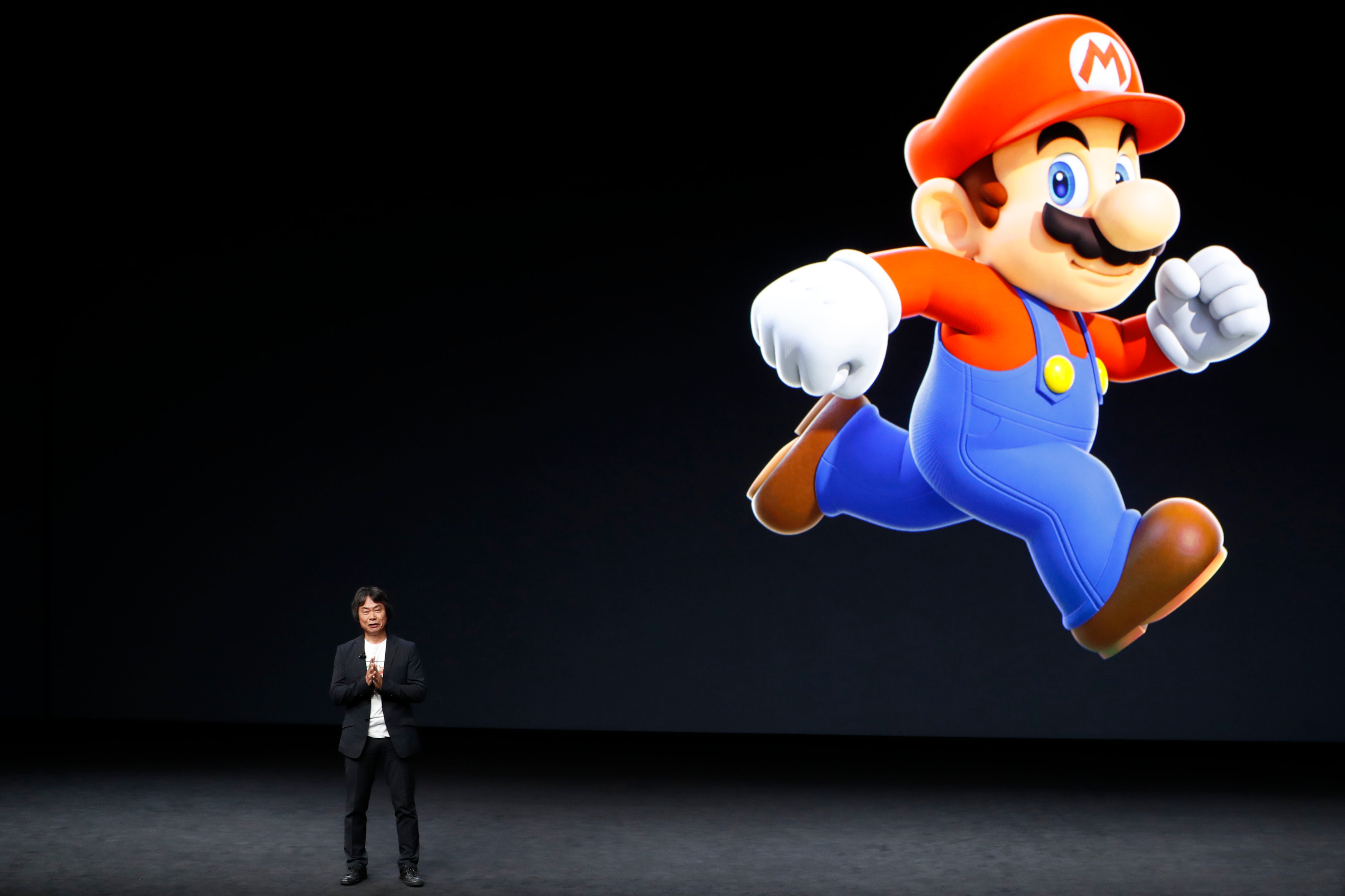Shigeru Miyamoto, creative fellow at Nintendo and creator of Super Mario, speaks on stage during an Apple launch event on September 7, 2016 in San Francisco, California. (Stephen Lam—Getty Images)