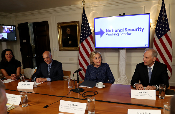 Democratic presidential nominee former Secretary of State Hillary Clinton (C) meets with national security advisors during a National Security Working Session at the New York Historical Society Library on September 9, 2016 in New York City.