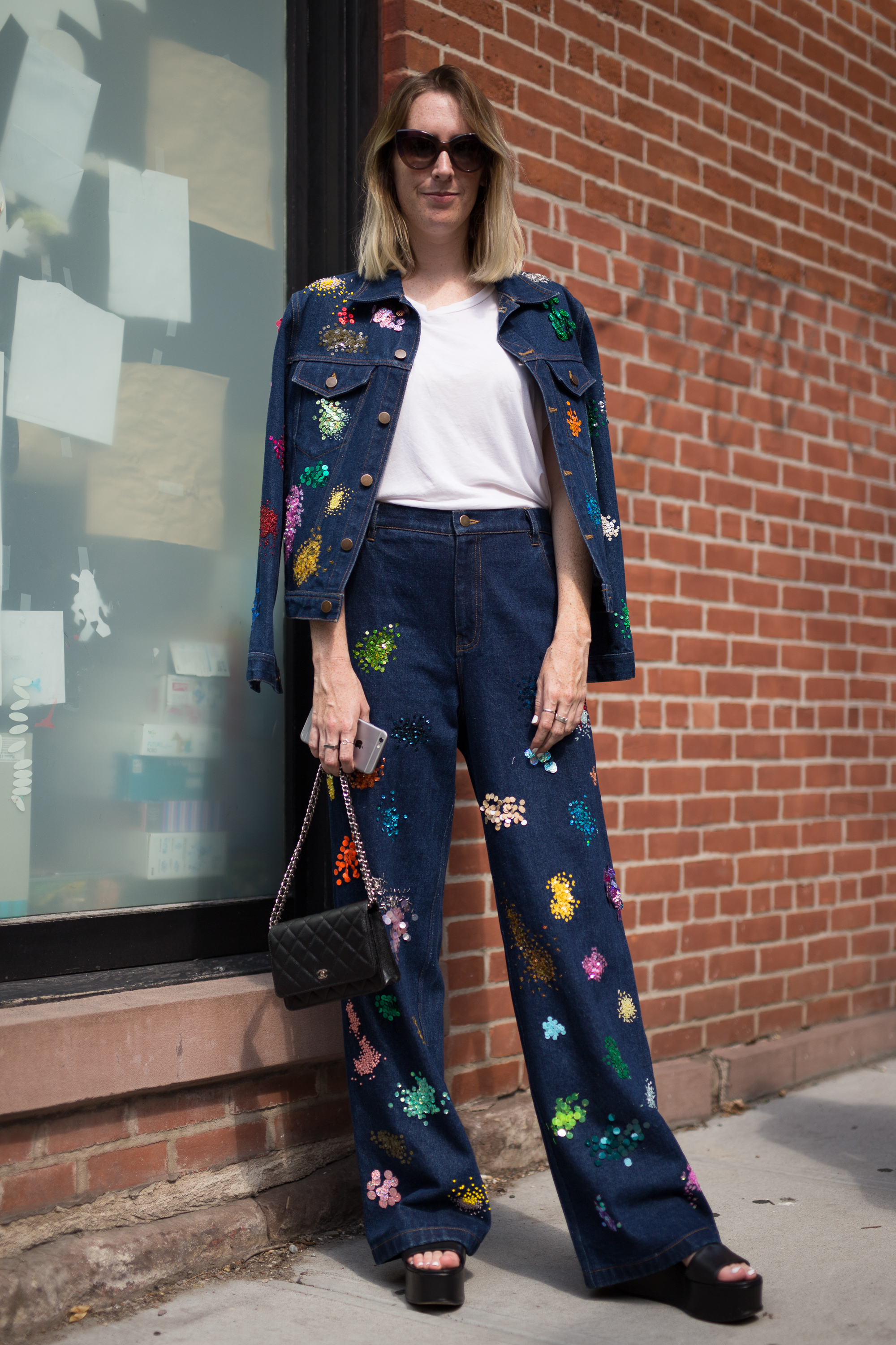 Sarah Owen's dark blue Canadian tuxedo got a playful update with colorful splashes of "paint" embellishment.