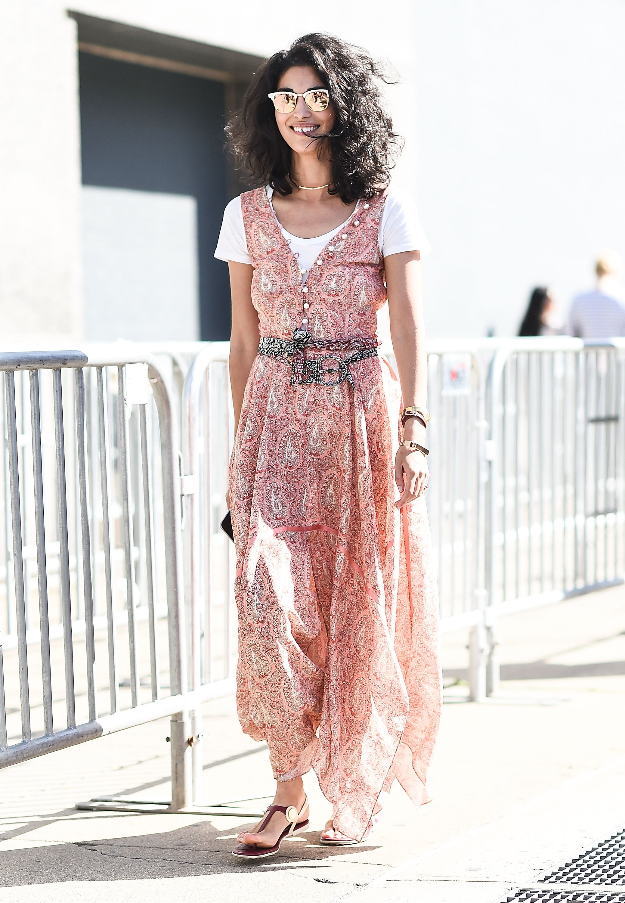 Caroline Issa took this trend in a bohemian direction with a flowy maxi dress and flat sandals.