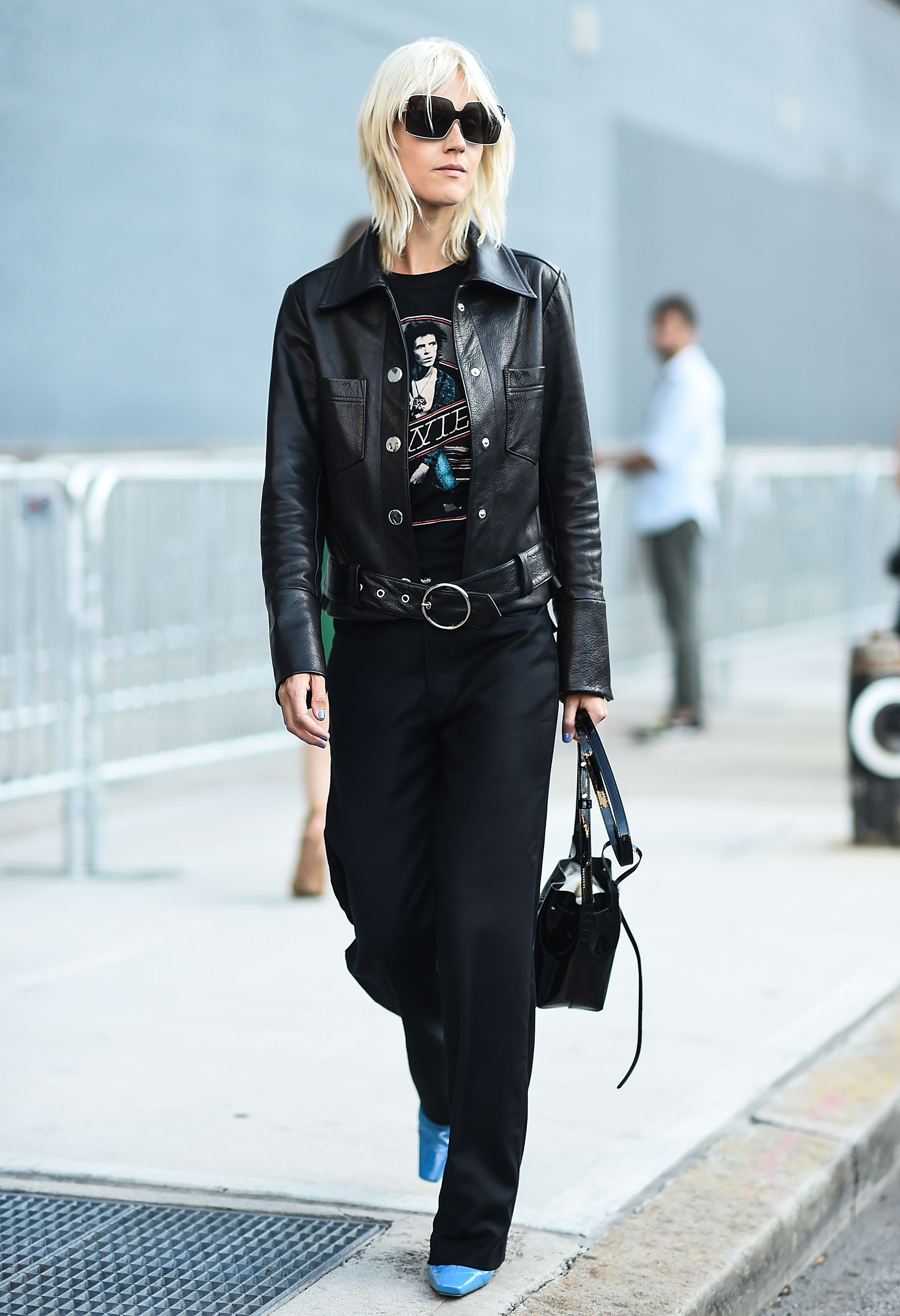An edgy all-black look gave rocker vibes at the shows.