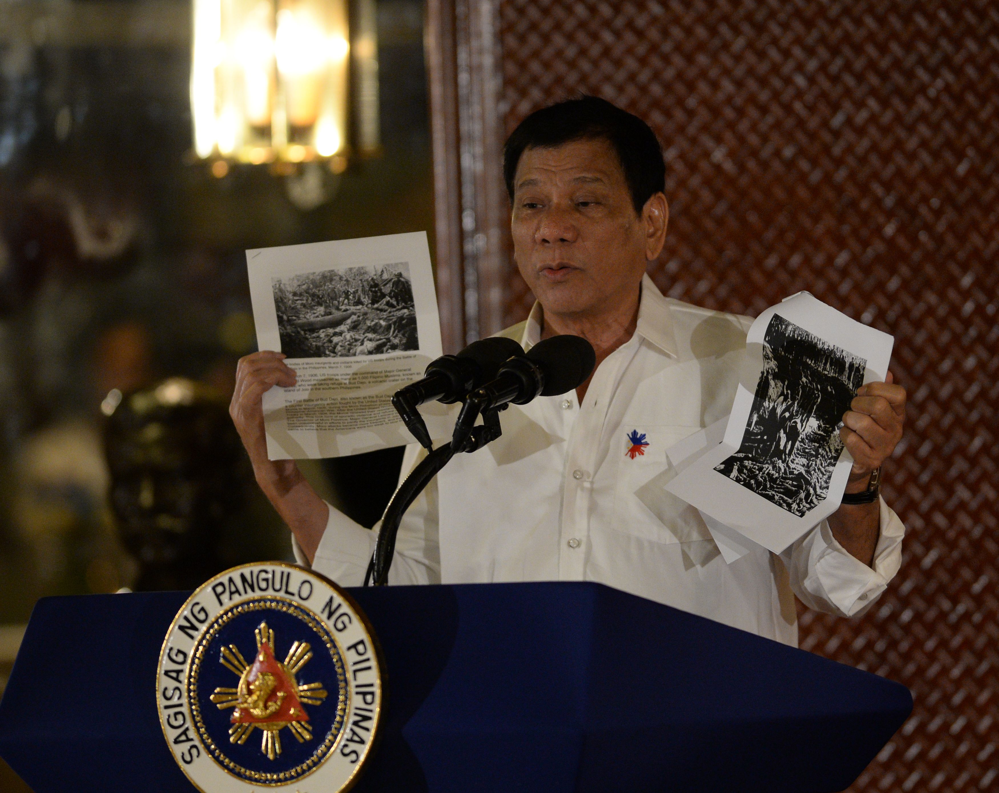 Philippine President Rodrigo Duterte in Manila on Sept. 12, 2016, cites accounts of U.S. troops who killed Muslims during the U.S.'s occupation of the Philippines in the early-1900s (Ted Aljibe—AFP/Getty Images)
