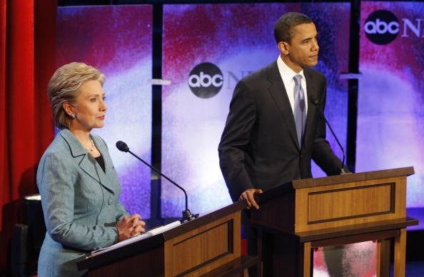 US Democratic presidential candidates Illinois Senator Barack Obama and New York Senator Hillary Clinton participate in their debate hosted by ABC in Philadelphia, Pennsylvania, April 16, 2008.