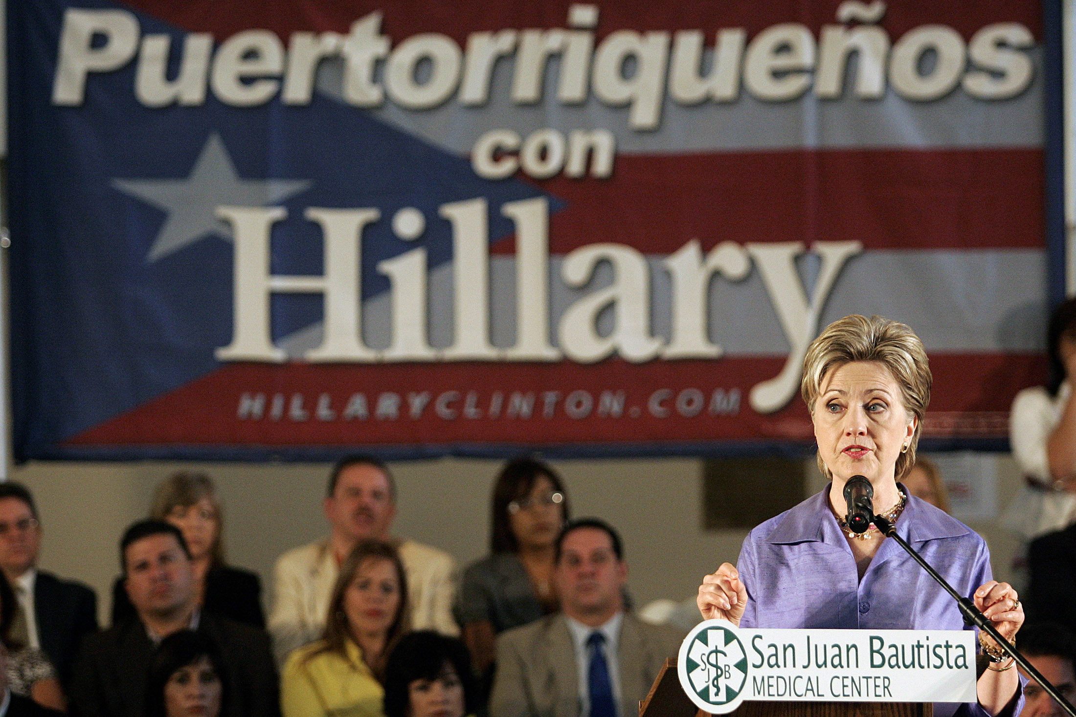 U.S. Democratic presidential candidate Sen. Hillary Clinton (D-NY) speaks during a campaign rally San Juan Bautista Medical Center in Caguas