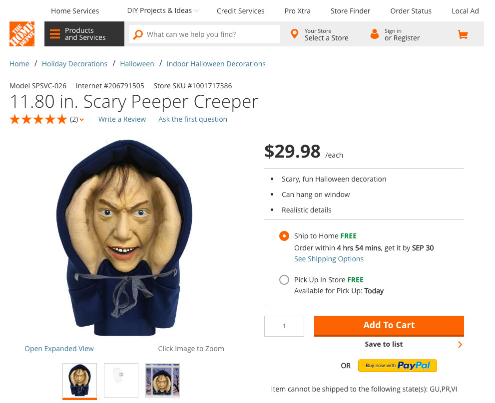 "Scary Peeper Creeper" on homedepot.com on Sept. 28, 2016.