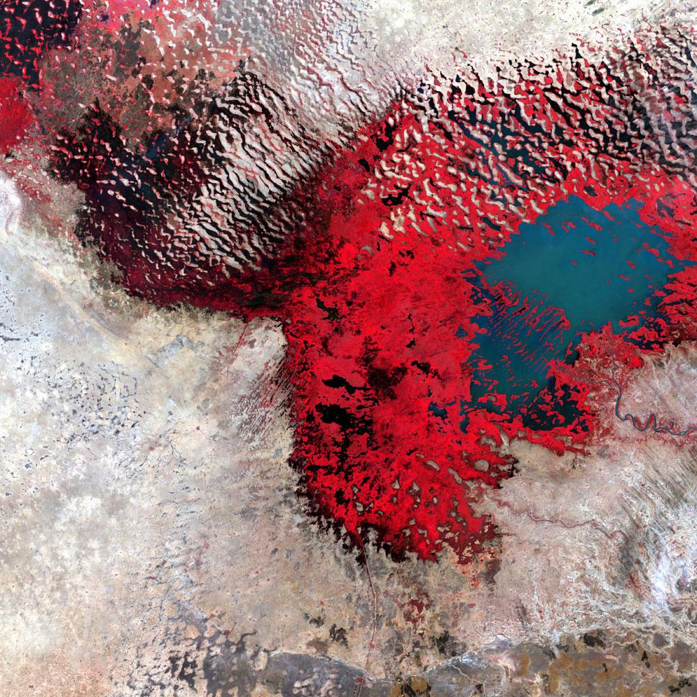 Lake Chad, Africa Infrared reveals the extent to which this lake has shrunk over the decades. As the water becomes more shallow, wetlands, shown here in red, replace open water. Dec. 18, 2002.