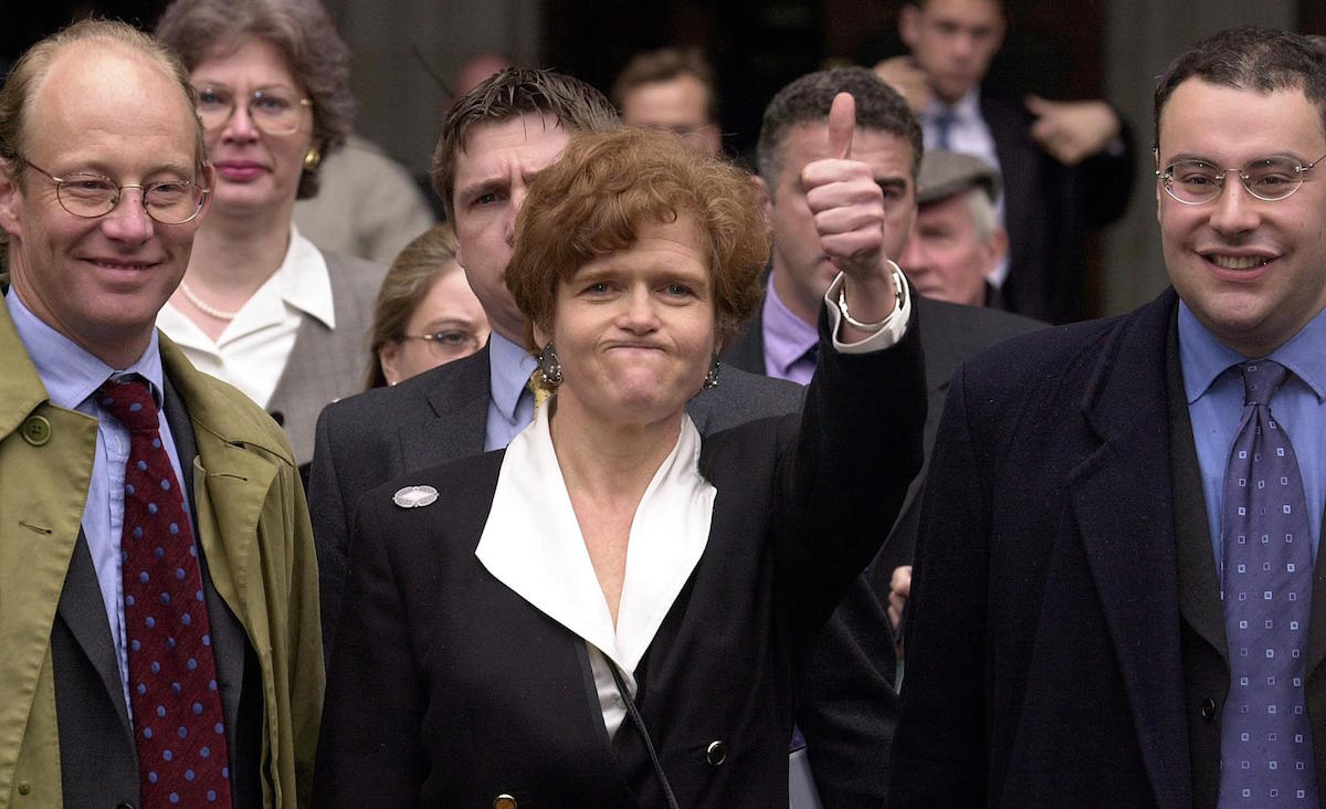 U.S. academic Deborah Lipstadt (C) exults April 11, 2000, the High Court in London after winning a libel case brought against her and Penguin publications by British revisionist historian David Irving. (Martyn Hayhow—AFP/Getty Images)
