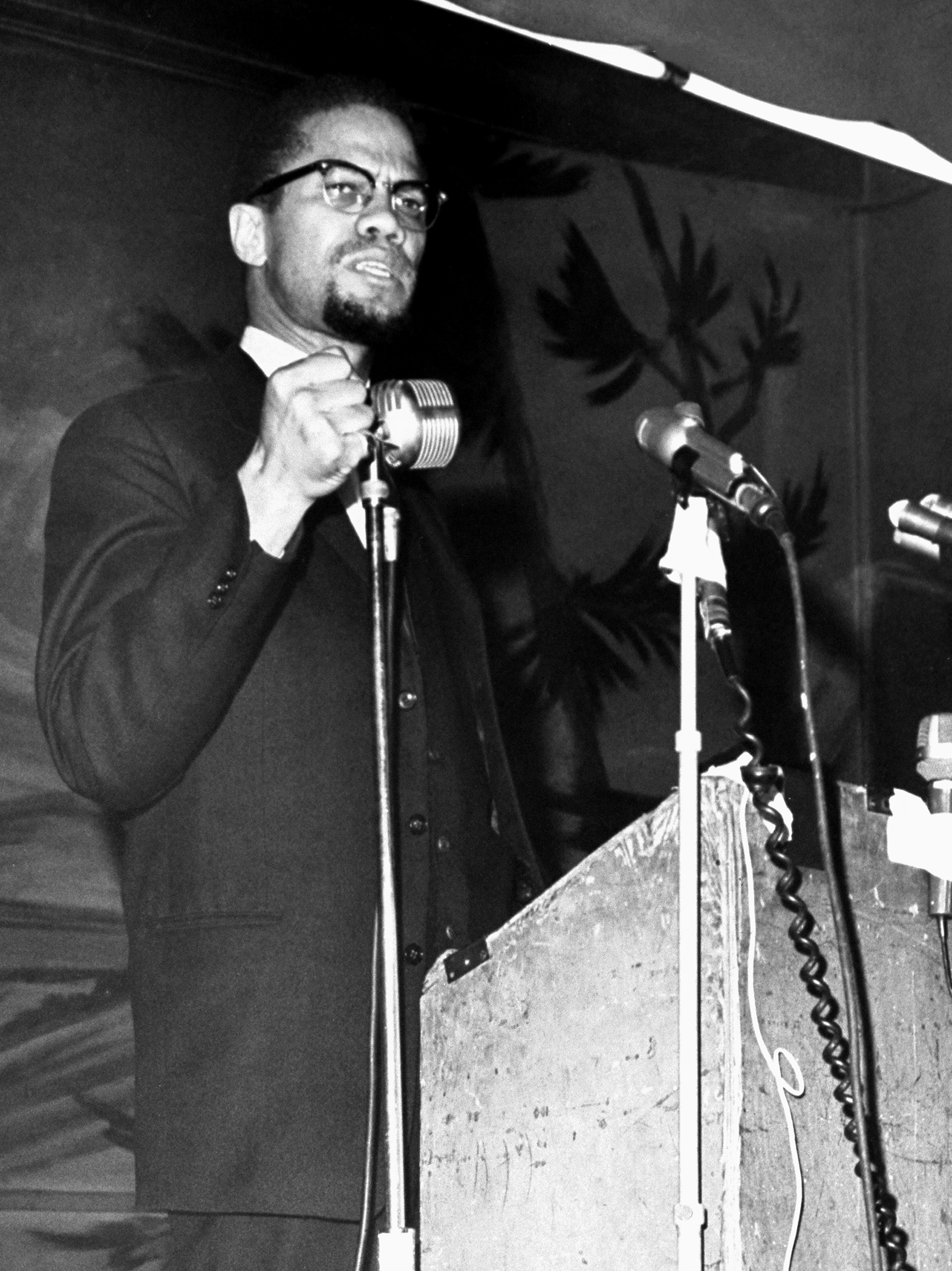 Malcolm X speaks at the Audubon Ballroom in Harlem on Feb. 15, 1965.