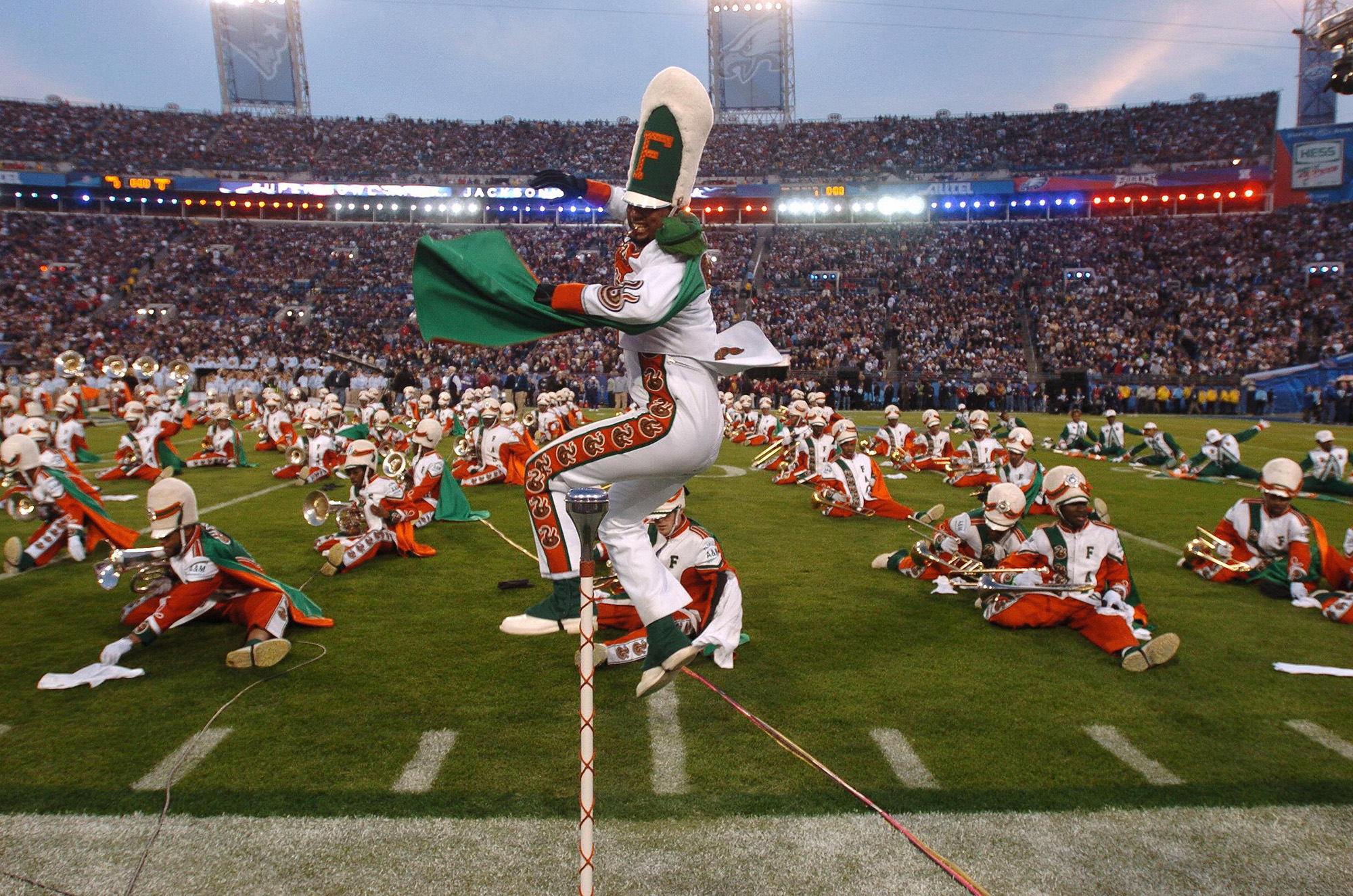 JACKSONVILLE, UNITED STATES:  Drum Major for Florida A&amp;M University marching band performs during the Super Bowl pre-game show 06 February 2005 at Alltel Stadium in Jacksonville.     AFP PHOTO/Roberto SCHMIDT  (Photo credit should read ROBERTO SCHMIDT/AFP/Getty Images) (ROBERTO SCHMIDT&mdash;AFP/Getty Images)