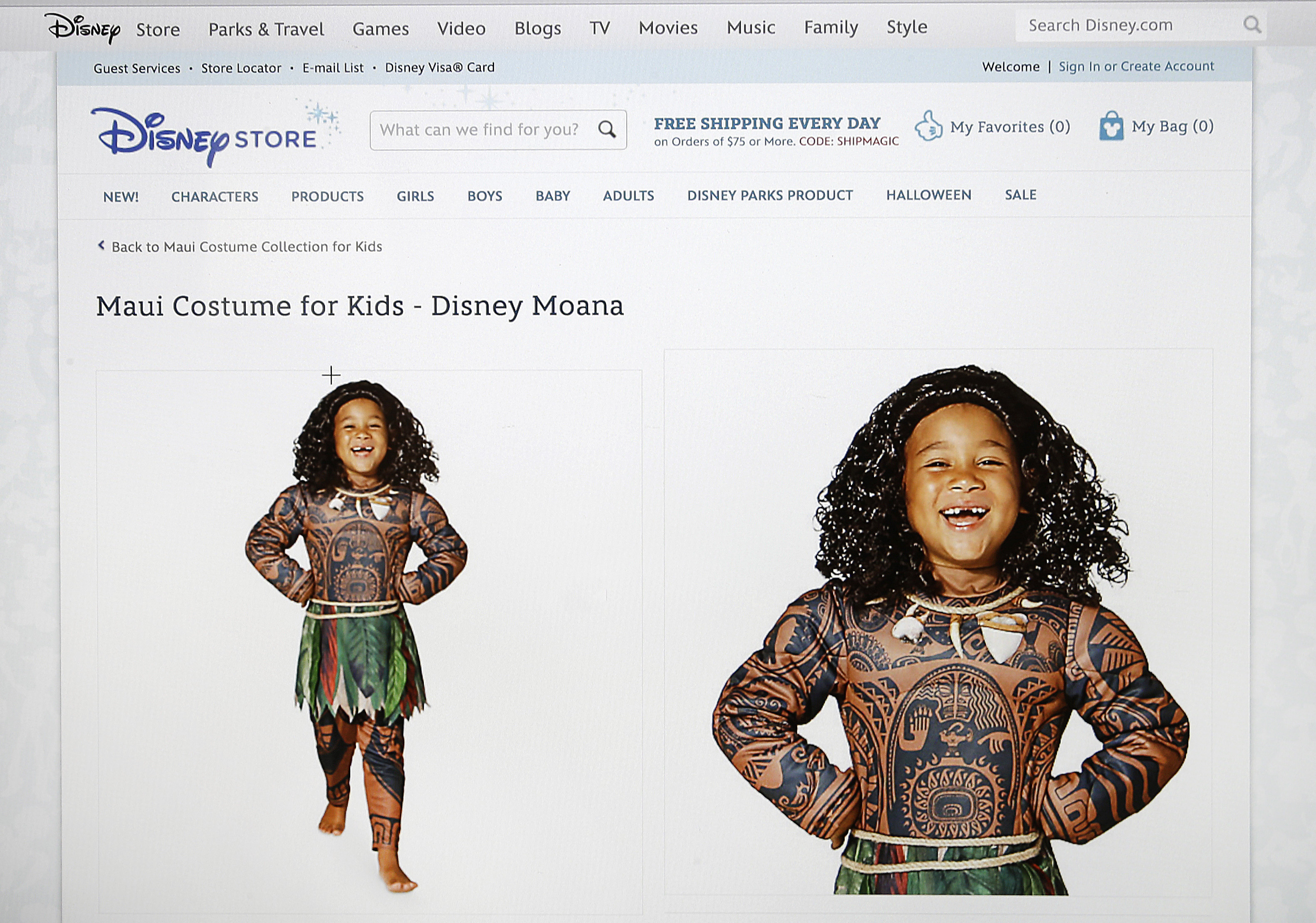 This photograph of a computer screen shows the DisneyStore.com website's Maui Halloween costume on Sept. 21, 2016. (AP)