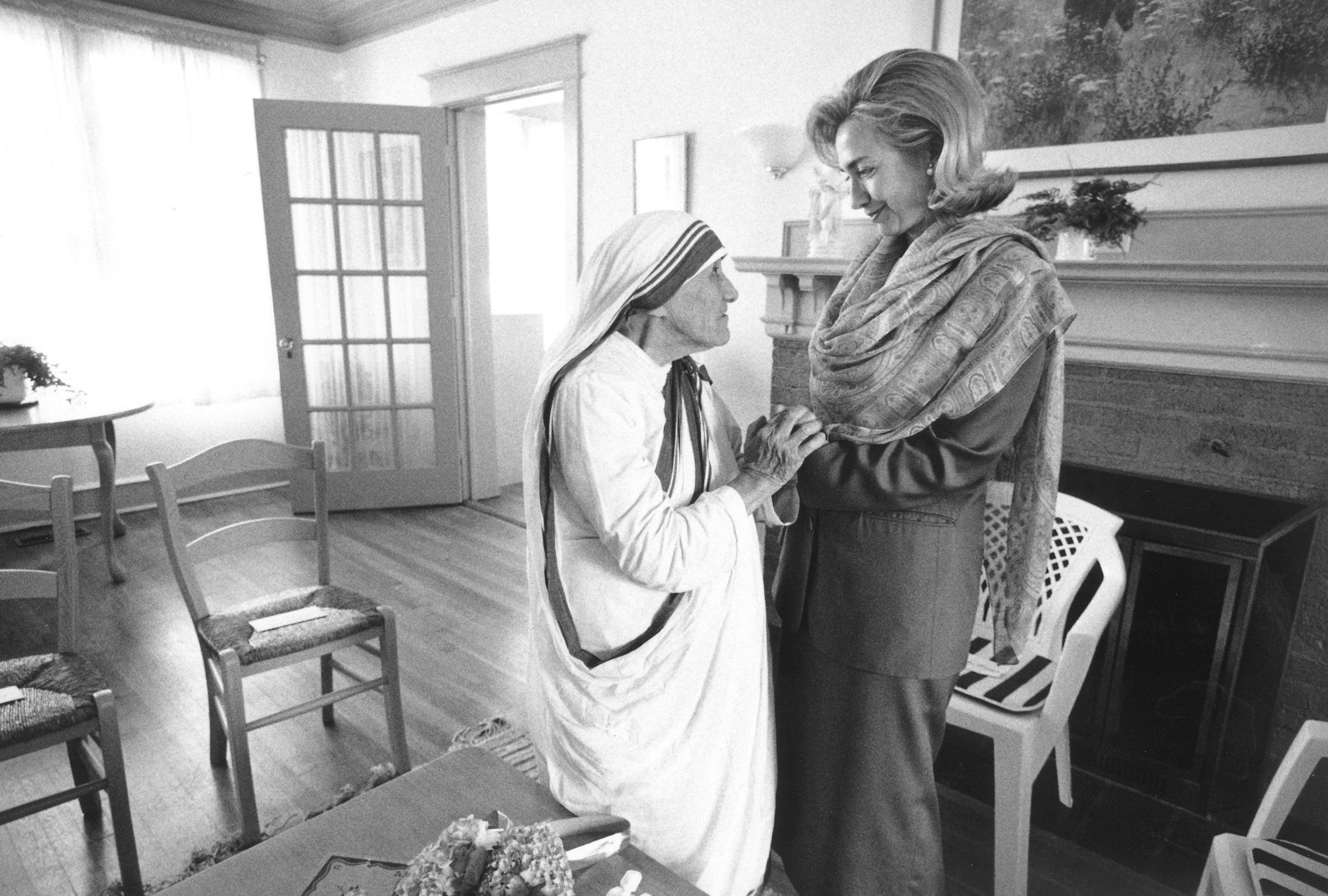 First Lady Hillary Rodham Clinton meets with Mother Teresa at the opening of the Mother Teresa Home for Infant Children in Washington, D.C., on June 19, 1995.