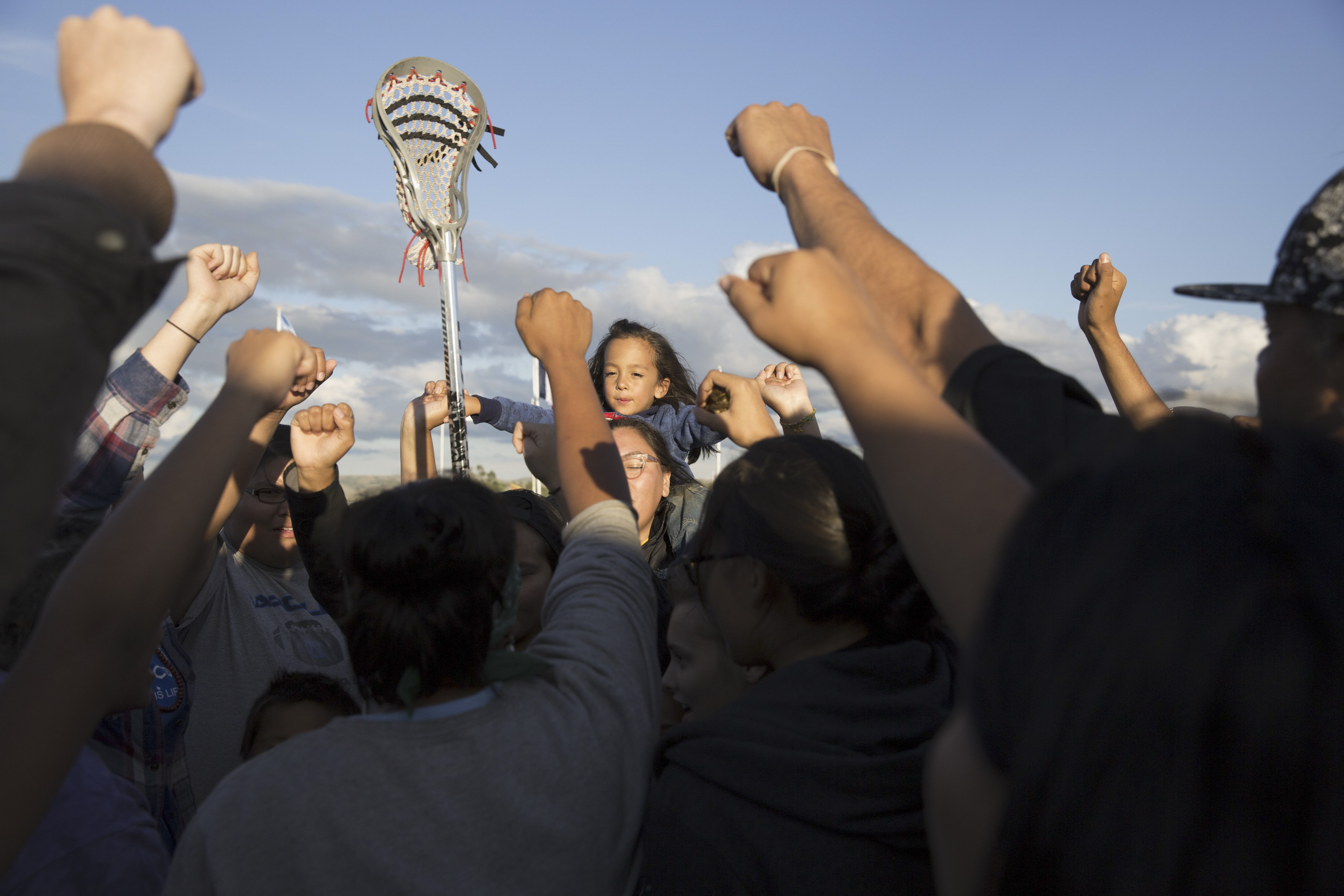 The Youth Camp Council march and chant in opposition to the pipeline construction at the Sacred Stone Camp, in North Dakota, on Sept. 8, 2016.