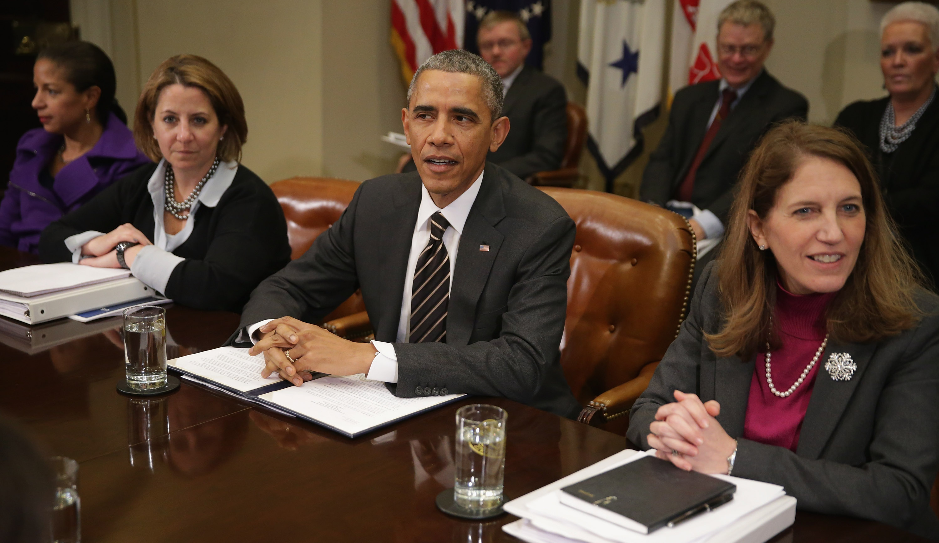Presiden Obama delivers remarks to reporters before meeting with (L-R) National Security Advisor Susan Rice, Homeland Security Advisor Lisa Monaco, Health and Human Services Secretary Sylvia Matthews Burwell and other members on Dec. 12, 2014 in Washington, DC. (Chip Somodevilla—Getty Images)