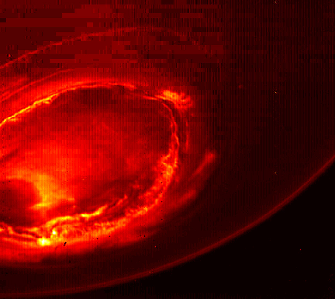 This infrared image gives an unprecedented view of the southern aurora of Jupiter, as captured by NASA's Juno spacecraft on Aug. 27, 2016.