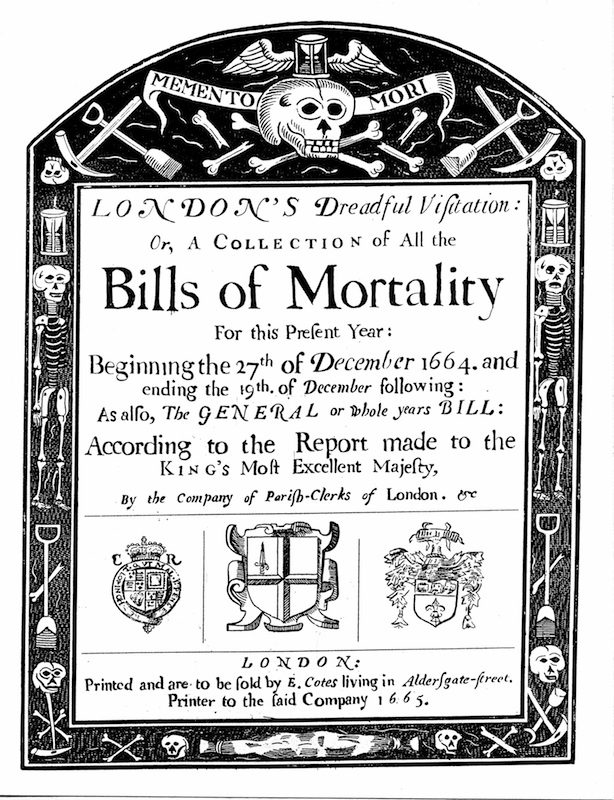 Bills of mortality bill for London, covering part of the period of the Great Plague, 1664-1665.