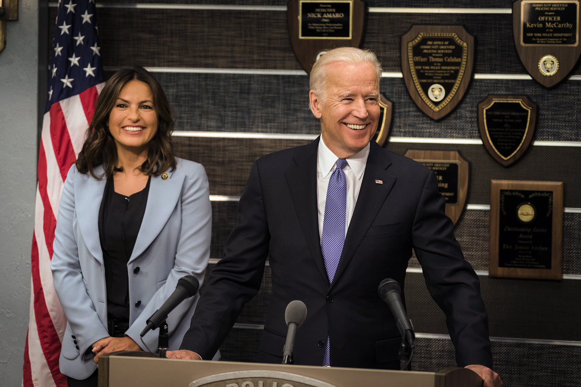 Mariska Hargitay and Vice President Joe Biden on Law & Order: SVU, 2016.