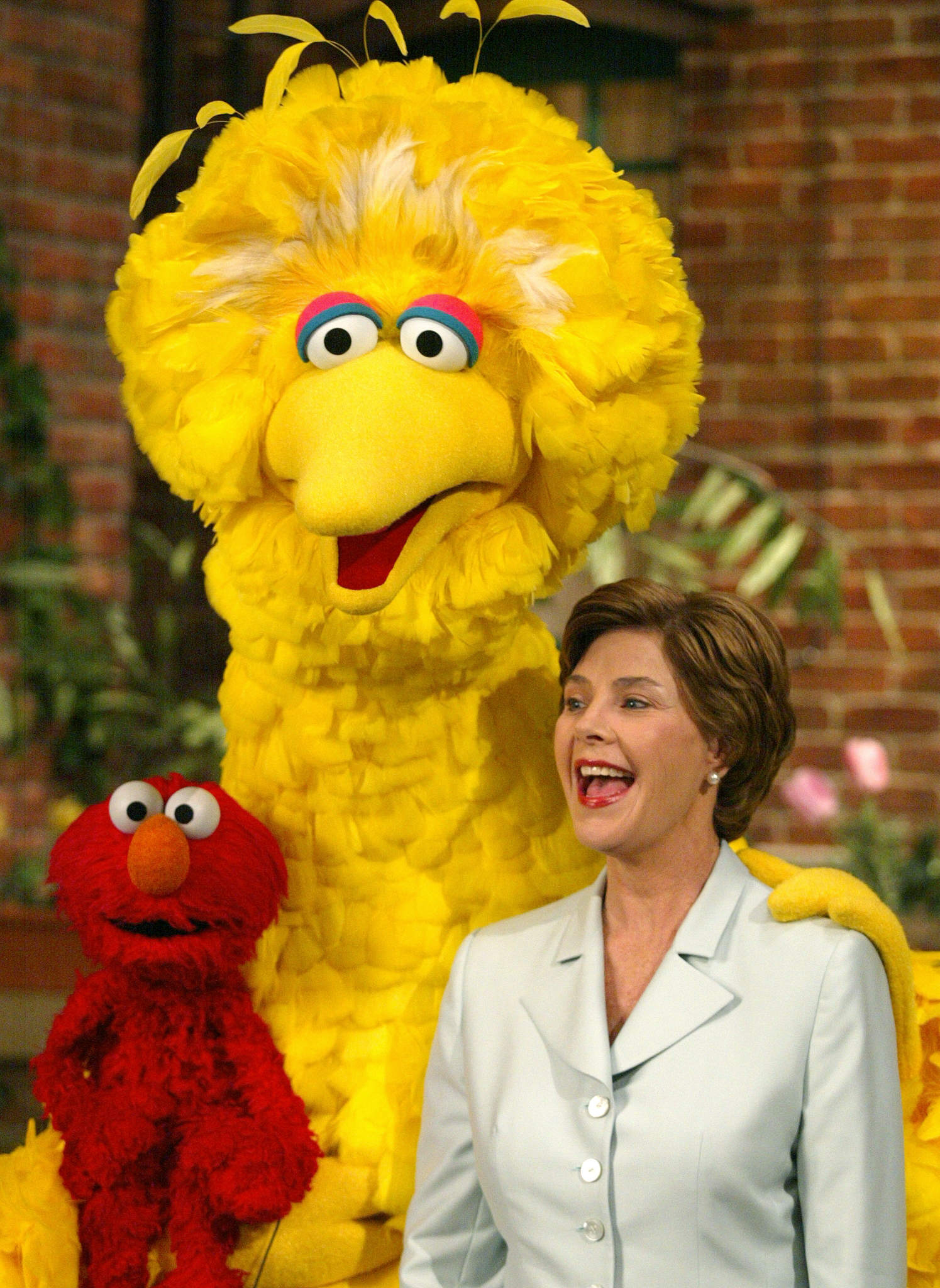 Laura Bush with Big Bird and Elmo on Sesame Street, 2002.