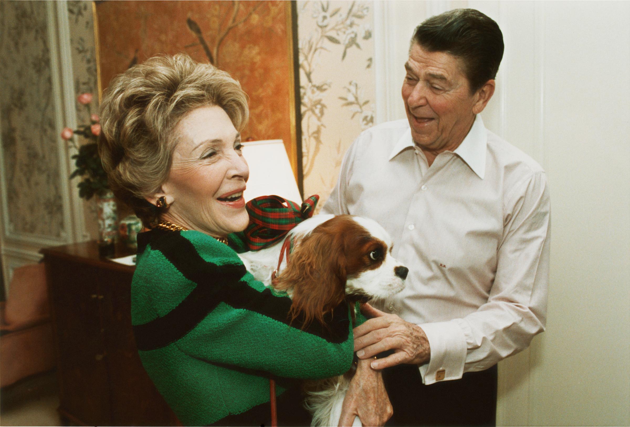 Ronald Reagan presents First Lady, Nancy Reagan, with an early Christmas present of a King Charles Spaniel named Rex, at their suite in a New York City hotel, Dec. 6, 1985.