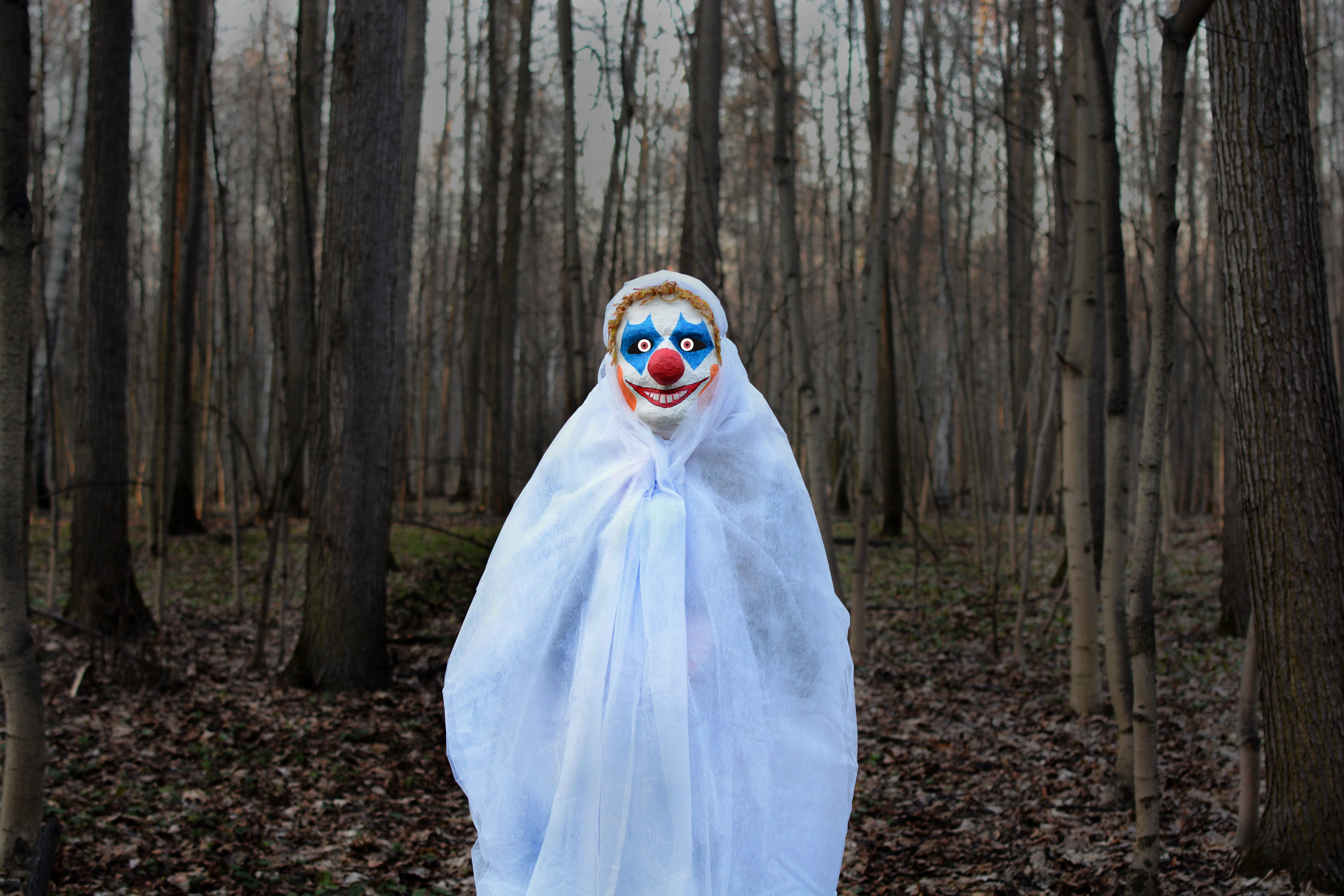 evil clown in a dark forest in a white veil