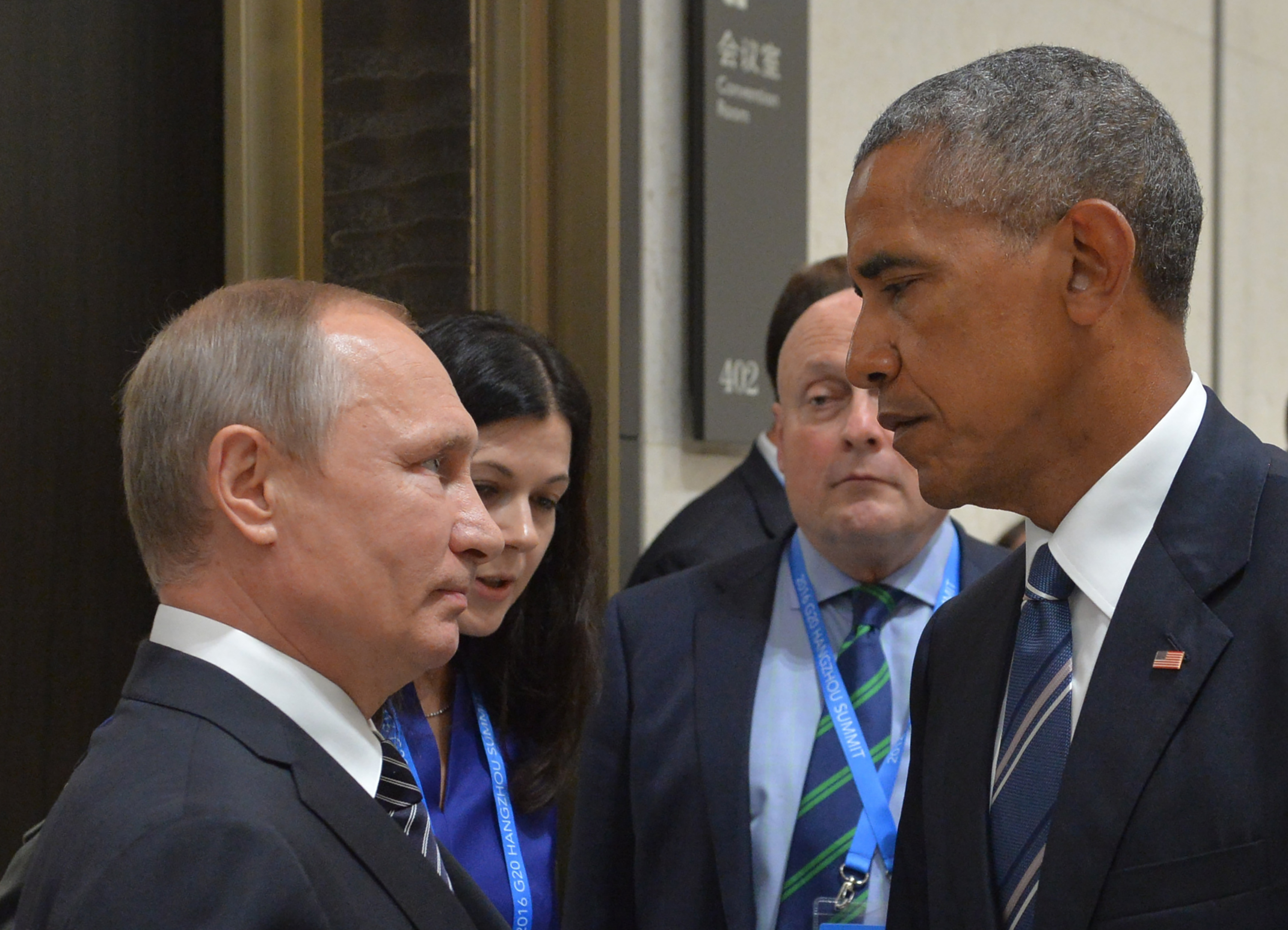 Russian President Vladimir Putin (L) meets with his U.S. counterpart Barack Obama on the sidelines of the G20 Leaders Summit in Hangzhou on September 5, 2016.