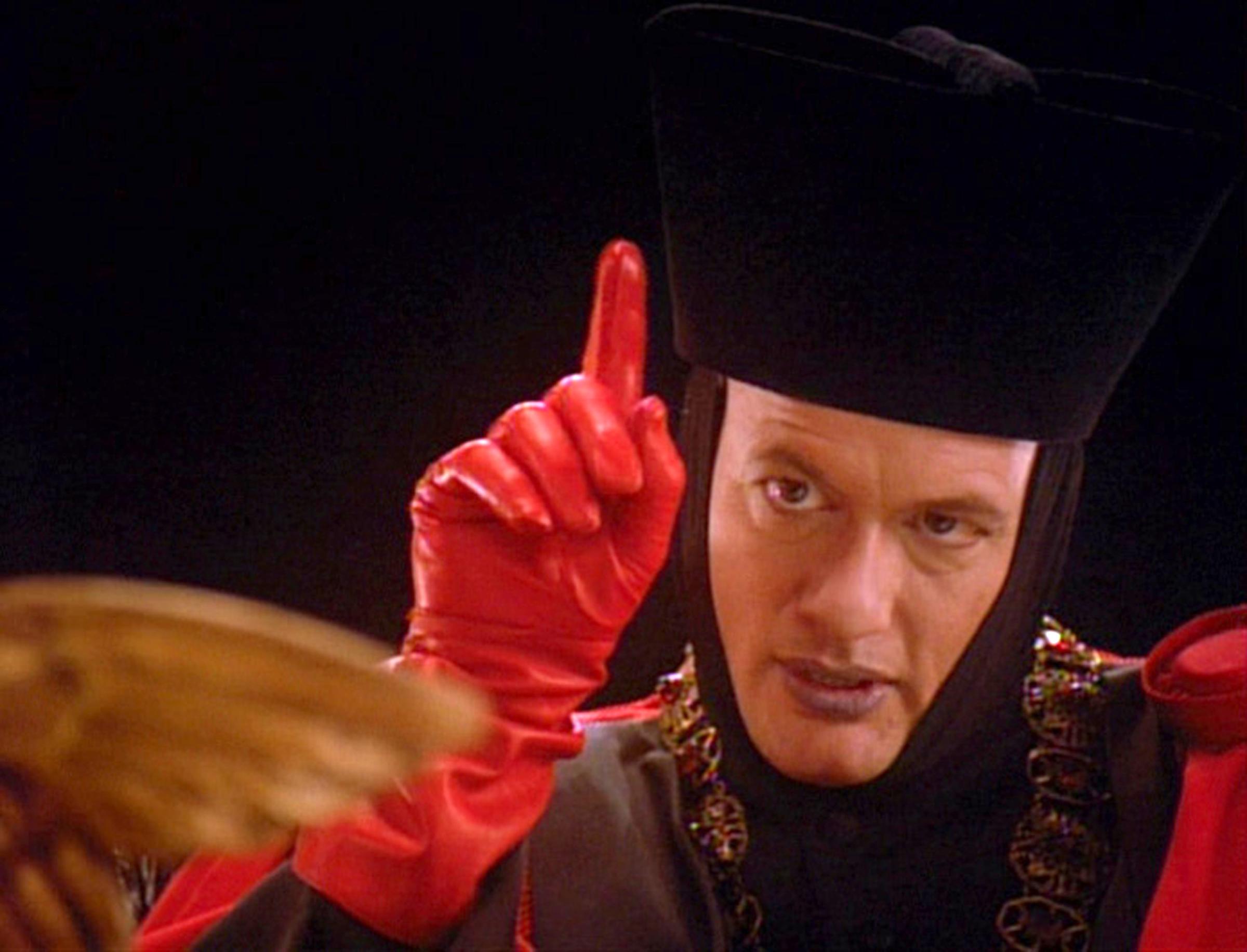 American actor John de Lancie (as Q) in a scene from the final episode of the television series 'Star Trak: The Next Generation'